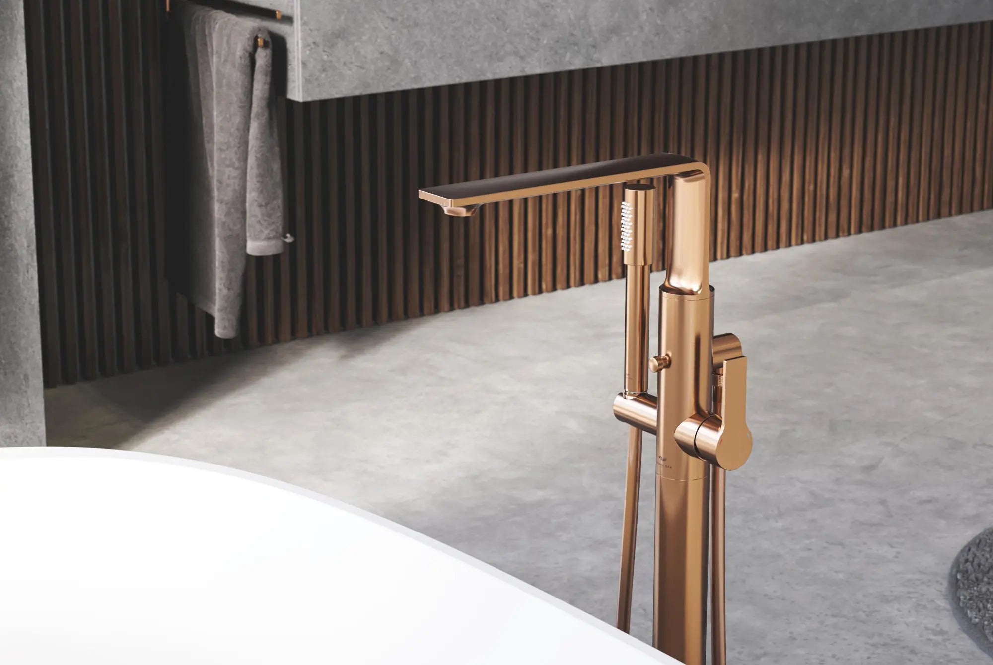 Robinet de baignoire autoportante à poignée simple avec douchette 6,6 L/min (1,75 GPM) // BRUSHED WARM SUNSET // 275529_ZZH_T25222G03_000_01_0_CDNwebp.webp