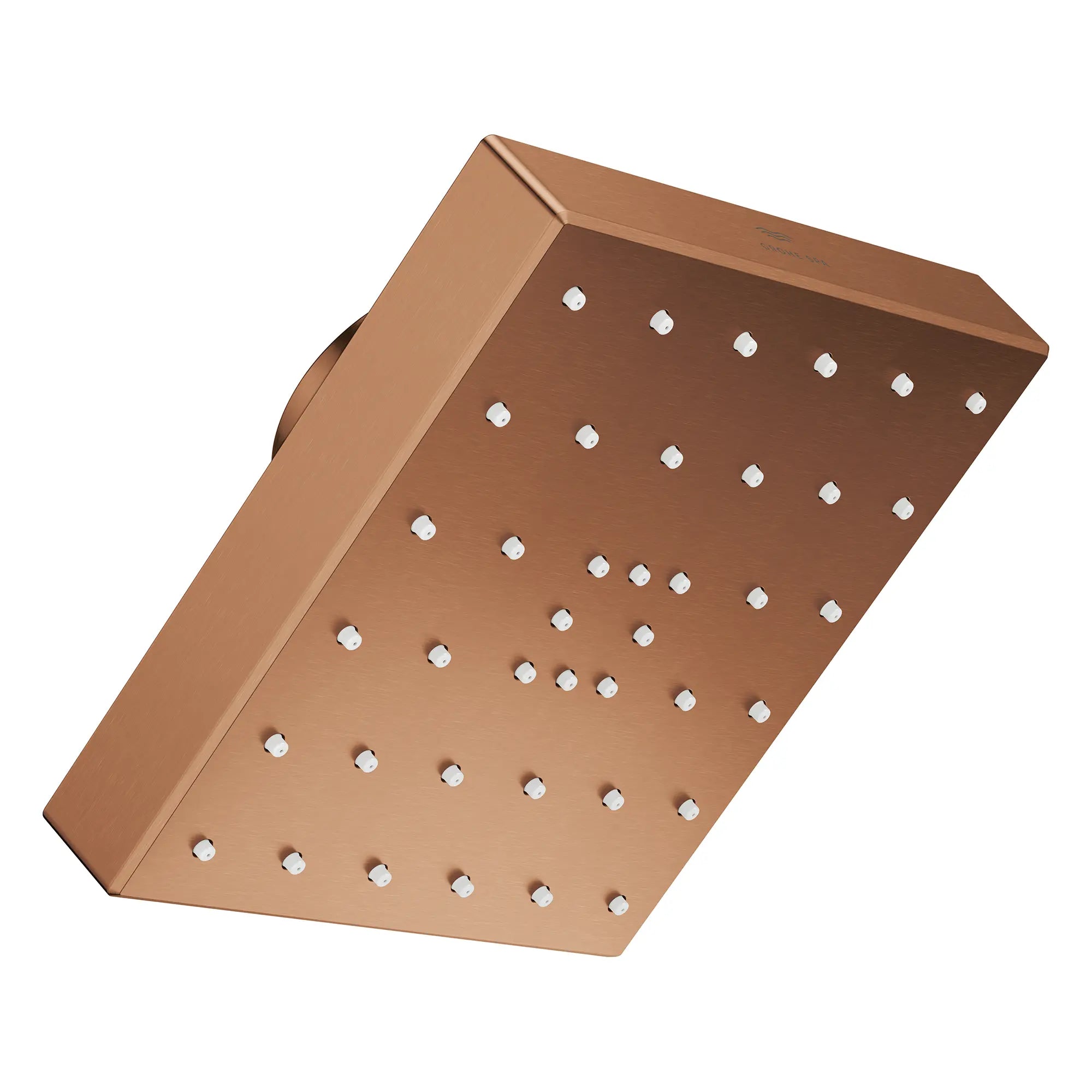 Pomme de douche carrée à un seul jet Rainshower Aqua de 13,97 cm (5½ po) avec AquaBooster 9,5 L/min (2,5 gal/min) // COUCHANT CHAUD BROSSÉ // 277842_Aqua_Booster_SiloRight_111668DL00_0001_October2025_0_CDNwebp.webp