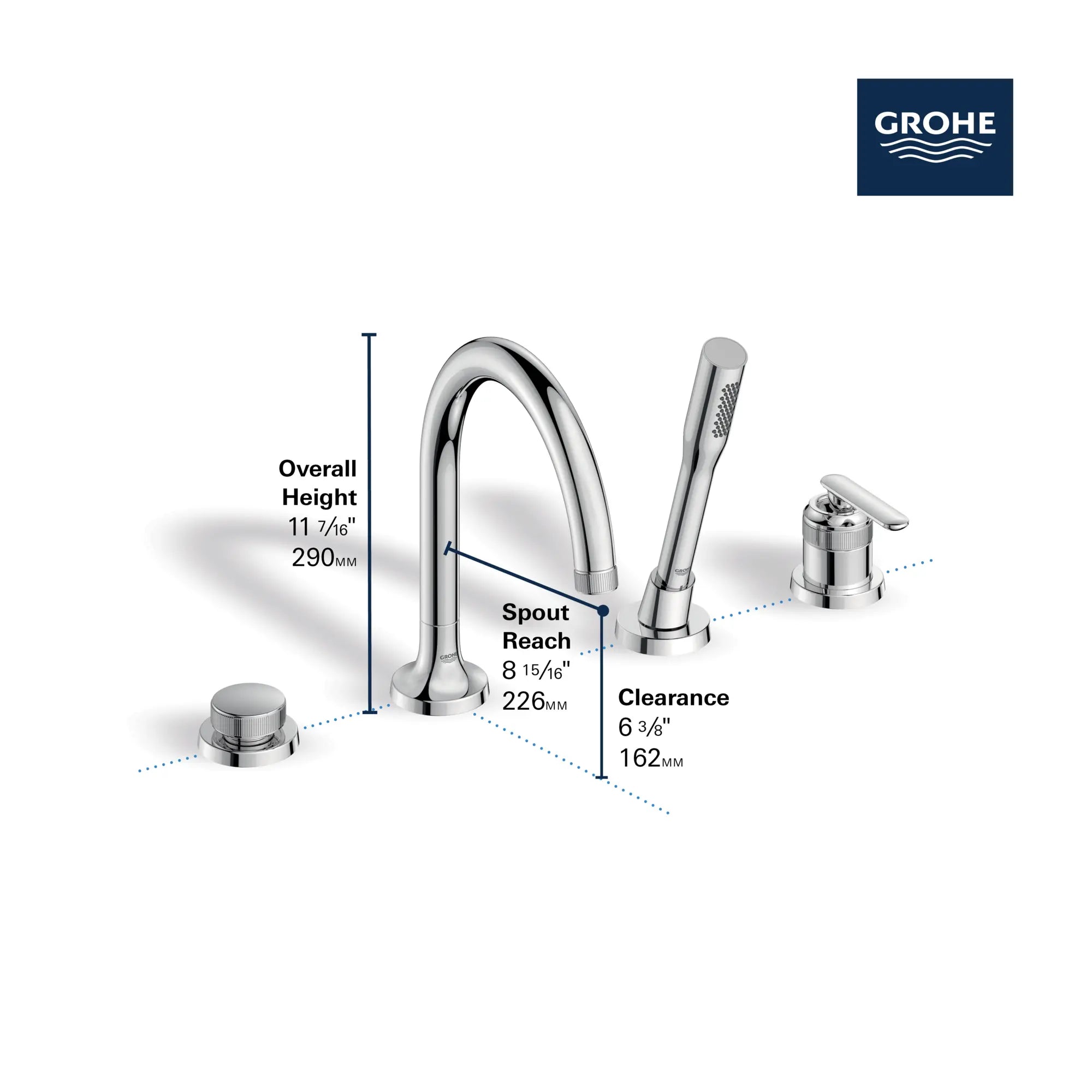 Robinet de baignoire romaine Listra à 4 trous et une seule manette monté sur plan avec douche à main de 6,6 l/min (1,75 gal/min) // AUBE FRAÎCHE BROSSÉ // 278723_Listra_Infographic_106237_0001_Nov2025_1_CDNwebp.webp