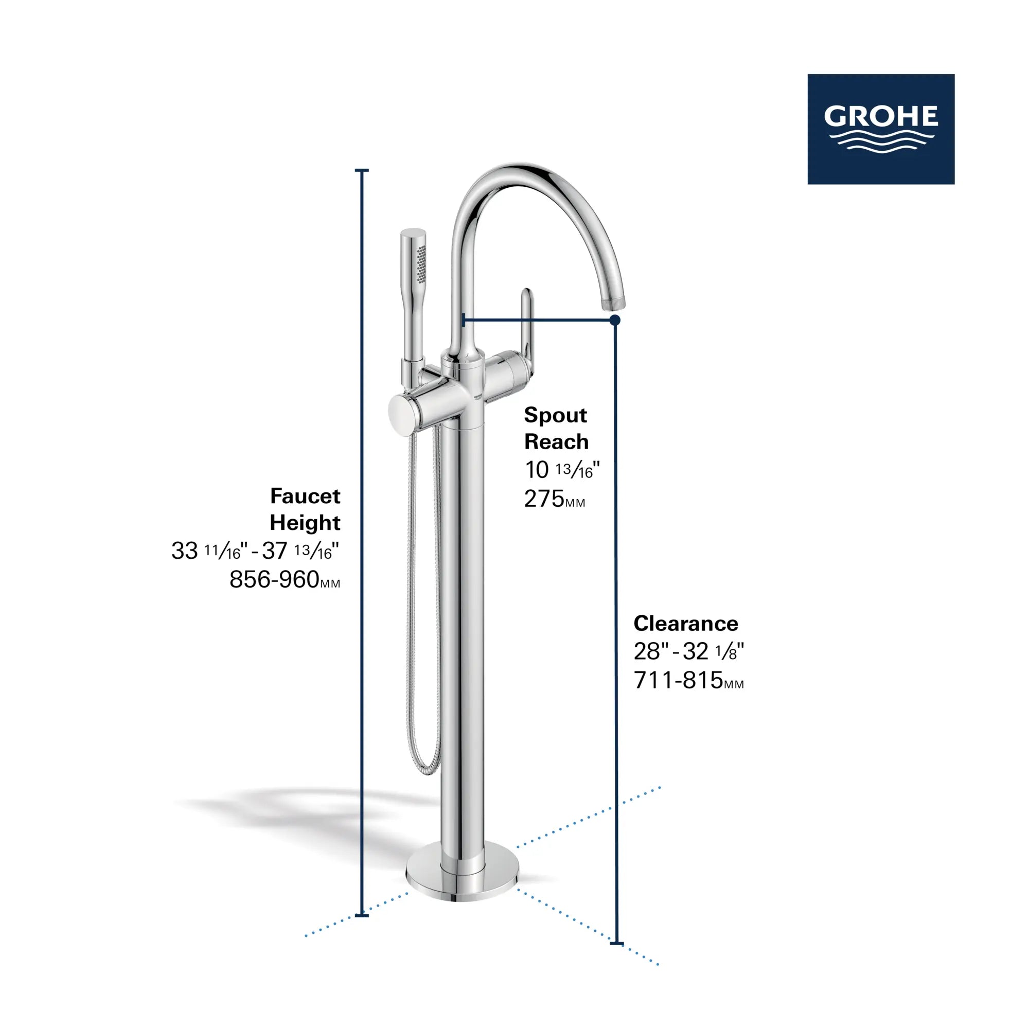 Robinet de baignoire autoportant Listra à une seule manette avec douche à main de 6,6 l/min (1,75 gal/min) // CHROME STARLIGHT GROHE // 278733_Listra_Infographic_106256_0001_Nov2025_1_CDNwebp.webp