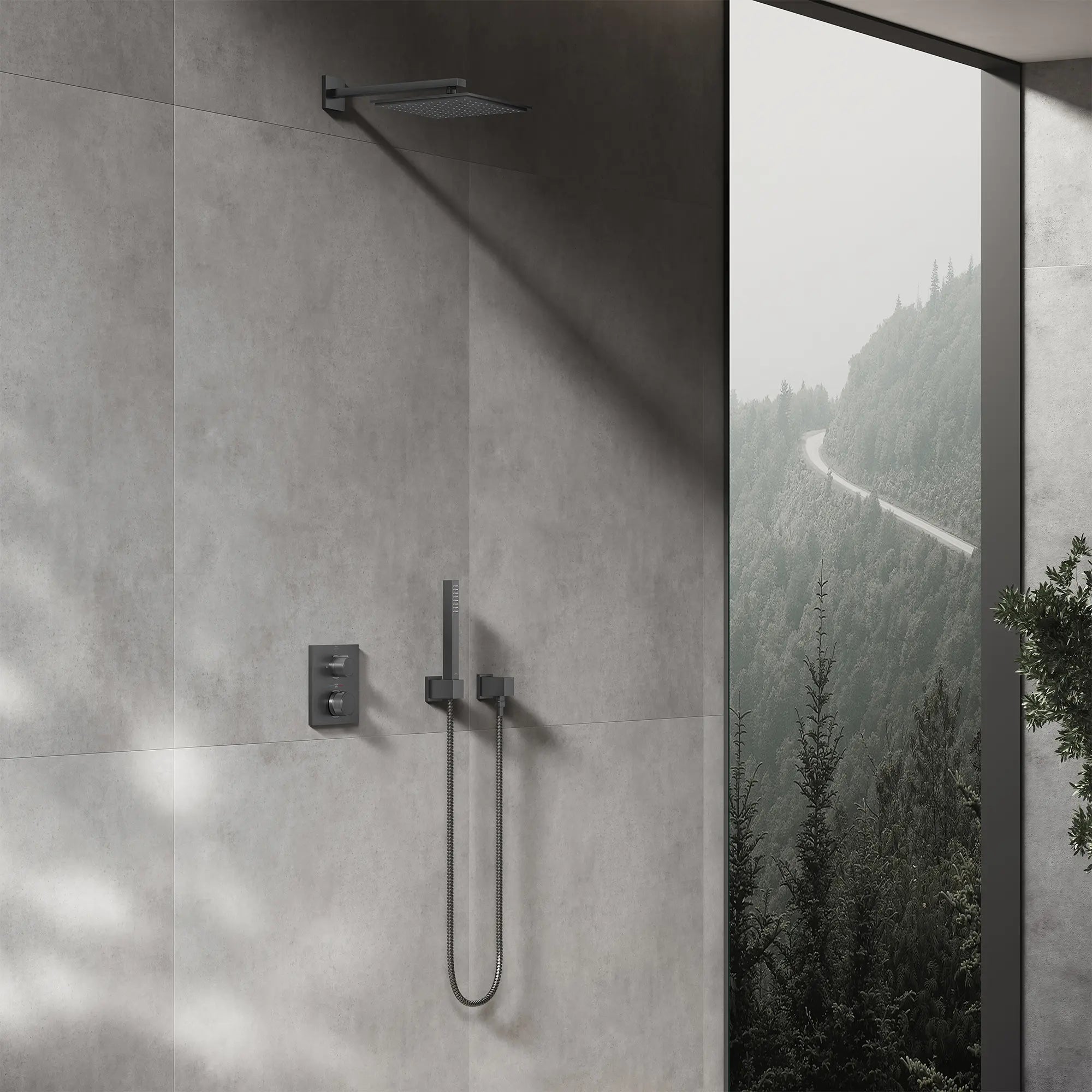 Porte-douchette mural // BRUSHED HARD GRAPHITE // 281324_Rainshower_EnvironmentCloseUp_26868AL0_27710AL0_29178AL0_26867AL0_26634AL0_27693AL0_26994AL0_0001_NOVEMBER2025_1_CDNwebp.webp