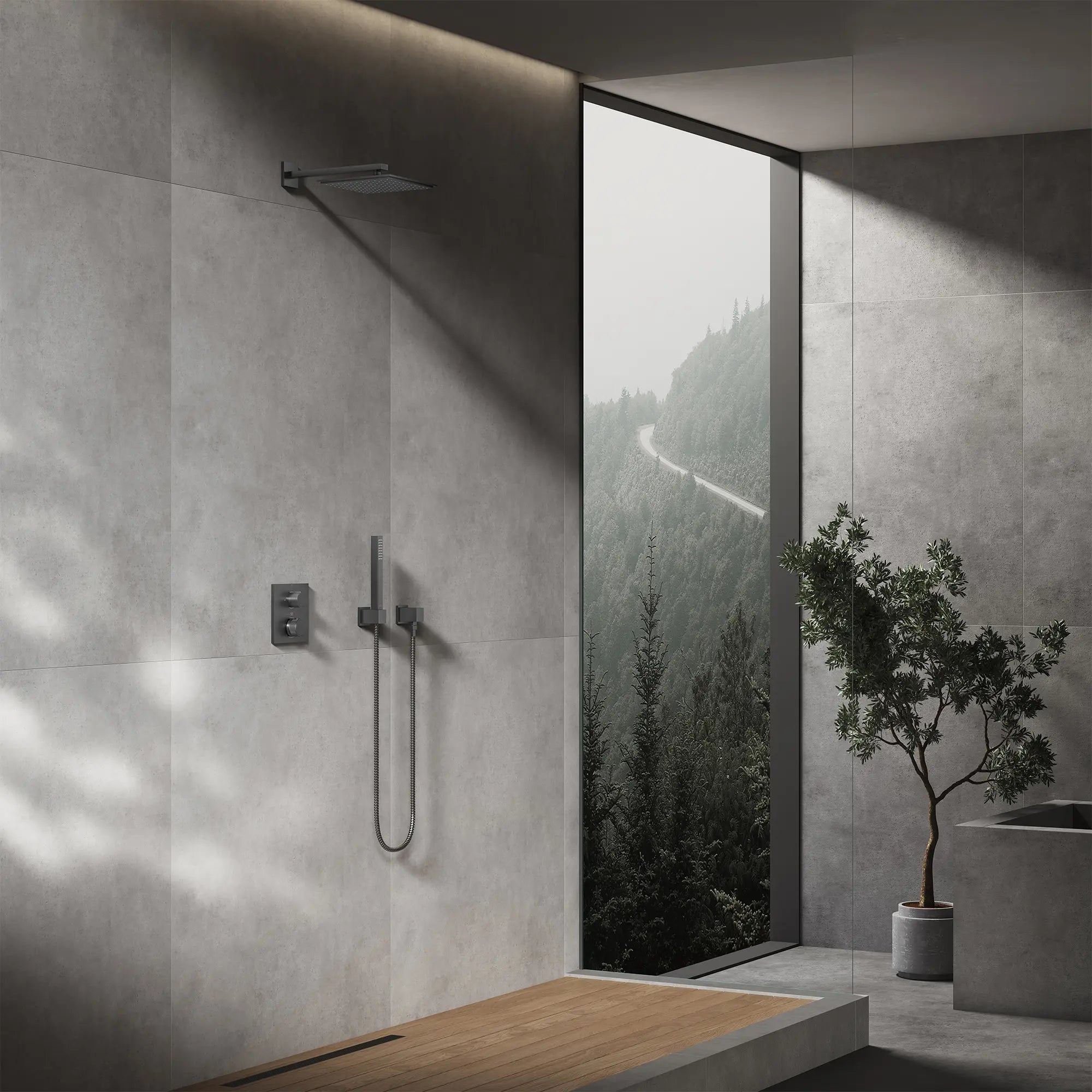 Porte-douchette mural // BRUSHED HARD GRAPHITE // 281325_Rainshower_EnvironmentCloseUp_26868AL0_27710AL0_29178AL0_26867AL0_26634AL0_27693AL0_26994AL0_0001_NOVEMBER2025_1_CDNwebp.webp