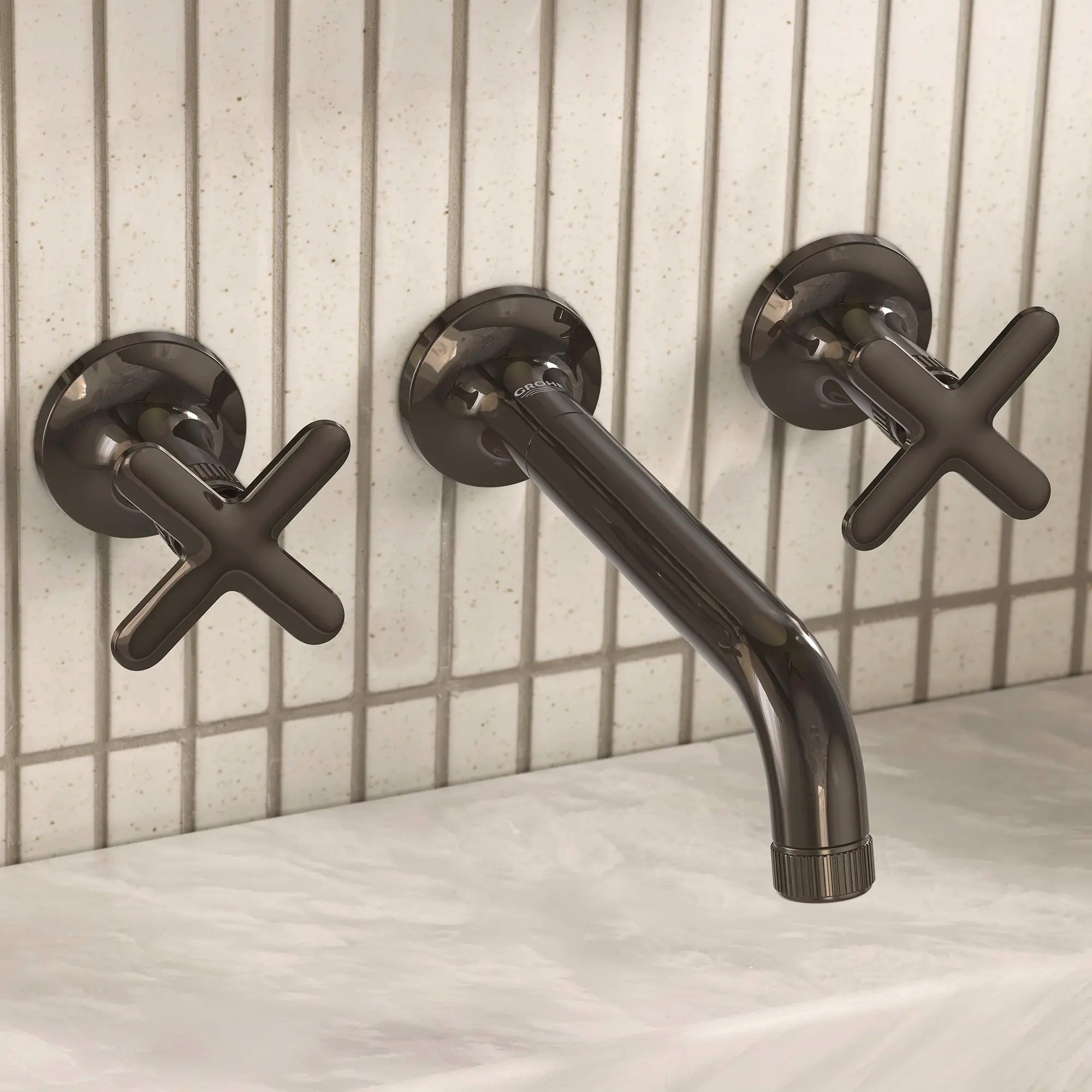 Listra Cross Handles for Bathroom Sink Faucet (Pair) // GRAPHITE DUR // 282549_Listra_EnvironmentCloseUp_106216A000_106238A000_0003_JANUARY2026_1_CDNwebp.webp