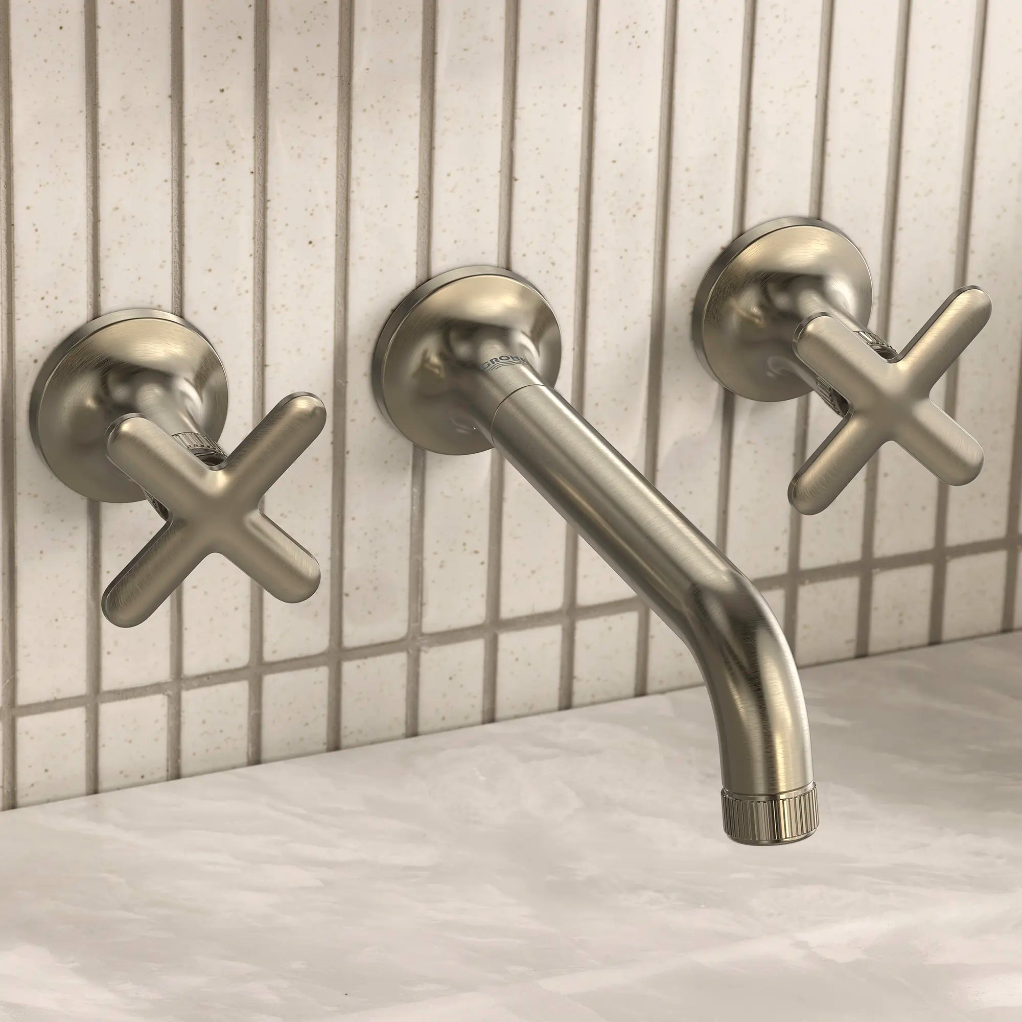 Listra Cross Handles for Bathroom Sink Faucet (Pair) // NICKEL BROSSÉ INFINITYFINISH // 282555_Listra_EnvironmentCloseUp_106216EN00_106238EN00_0003_JANUARY2026_1_CDNwebp.webp