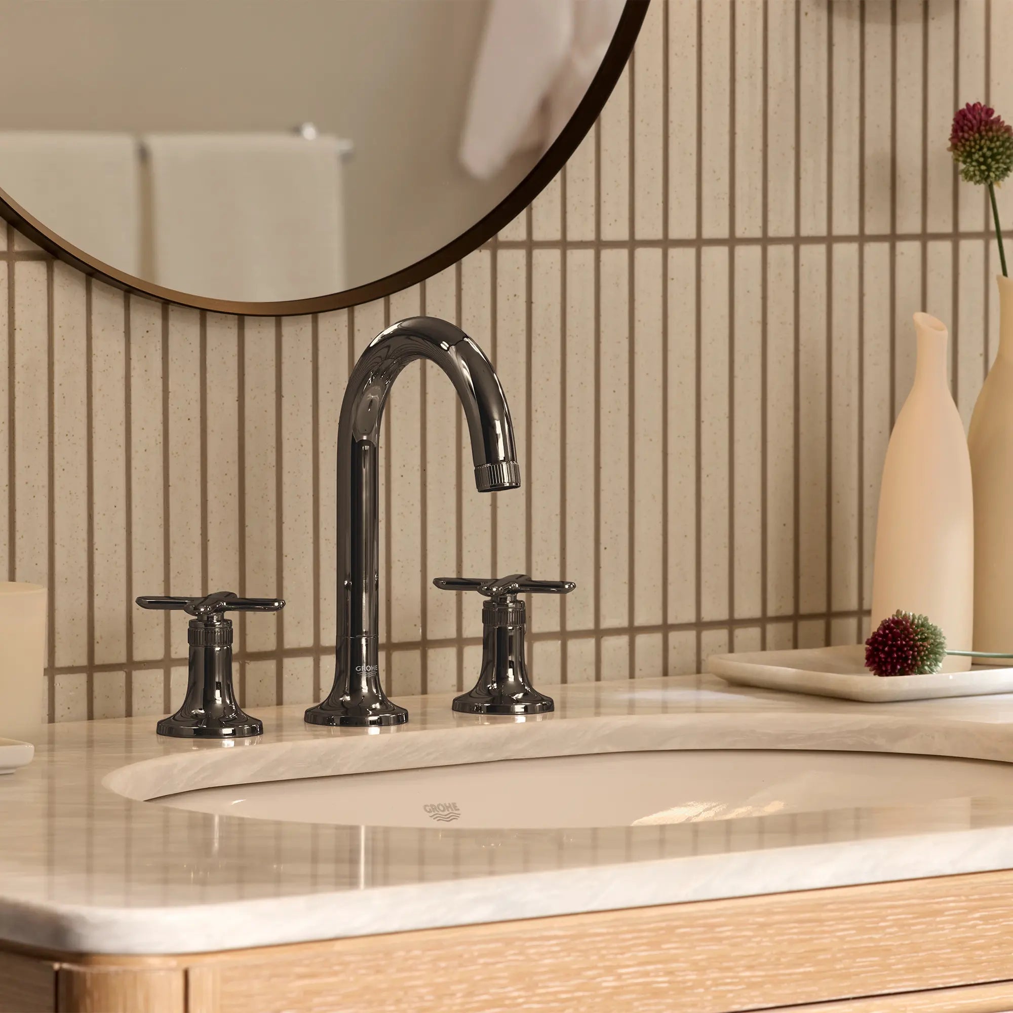 Listra Cross Handles for Bathroom Sink Faucet (Pair) // GRAPHITE DUR // 282558_Listra_EnvironmentCloseUp_106221A000_106238A000_0002_JANUARY2026_1_CDNwebp.webp