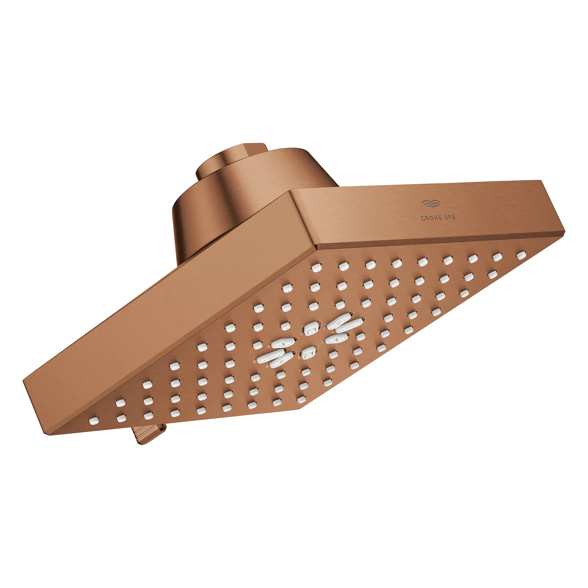 Pomme de douche carrée à jets multiples Rainshower Aqua de 13,97 cm (5½ po) avec AquaBooster 6,6 L/min (1,75 gal/min) // COUCHANT CHAUD BROSSÉ // 283803_Aquabooster_SiloRight_111672DL00_111673DL00_010_01_0001_April2026_0_CDNwebp.webp