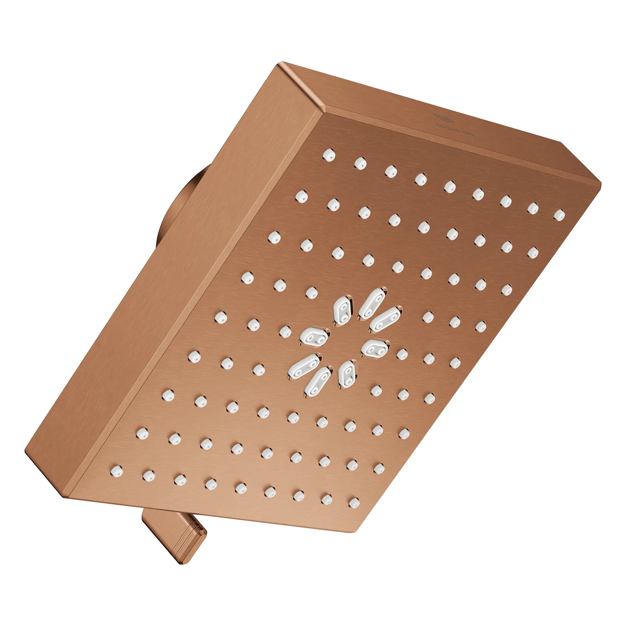 Pomme de douche carrée à jets multiples Rainshower Aqua de 13,97 cm (5½ po) avec AquaBooster 6,6 L/min (1,75 gal/min) // COUCHANT CHAUD BROSSÉ // 283804_Aquabooster_SiloRight_111672DL00_111673DL00_002_01_0001_April2026_0_CDNwebp.webp