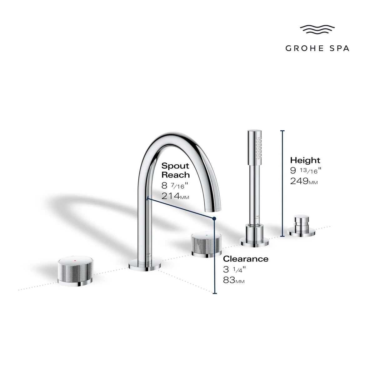 Robinet de remplissage de baignoire monté sur plan, à deux manettes et cinq trous, avec les manettes bouton, avec douchette à main de 6,6 l/min (1,75 gal/min) // GRAPHITE DUR // 284749_AtrioPC_Infographic_105350_0001_MAY2026_2_CDNwebp.webp