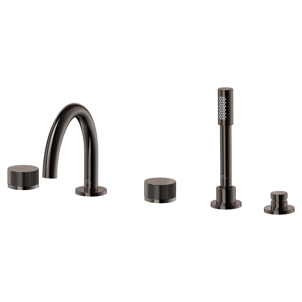 Robinet de remplissage de baignoire monté sur plan, à deux manettes et cinq trous, avec les manettes bouton, avec douchette à main de 6,6 l/min (1,75 gal/min) // GRAPHITE DUR // 288341_Atrio_PC_SiloLeft_105350A000_0001_JUNE2026_1_CDNwebp.webp
