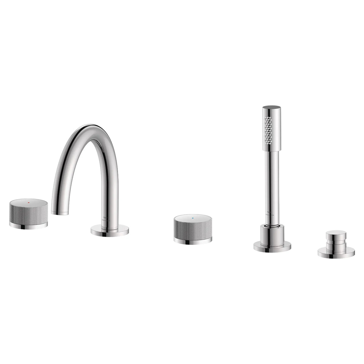 Robinet de remplissage de baignoire monté sur plan, à deux manettes et cinq trous, avec les manettes bouton, avec douchette à main de 6,6 l/min (1,75 gal/min) // CHROME STARLIGHT GROHE // 288362_Atrio_PC_SiloLeft_1053500000_0001_JUNE2026_1_CDNwebp.webp