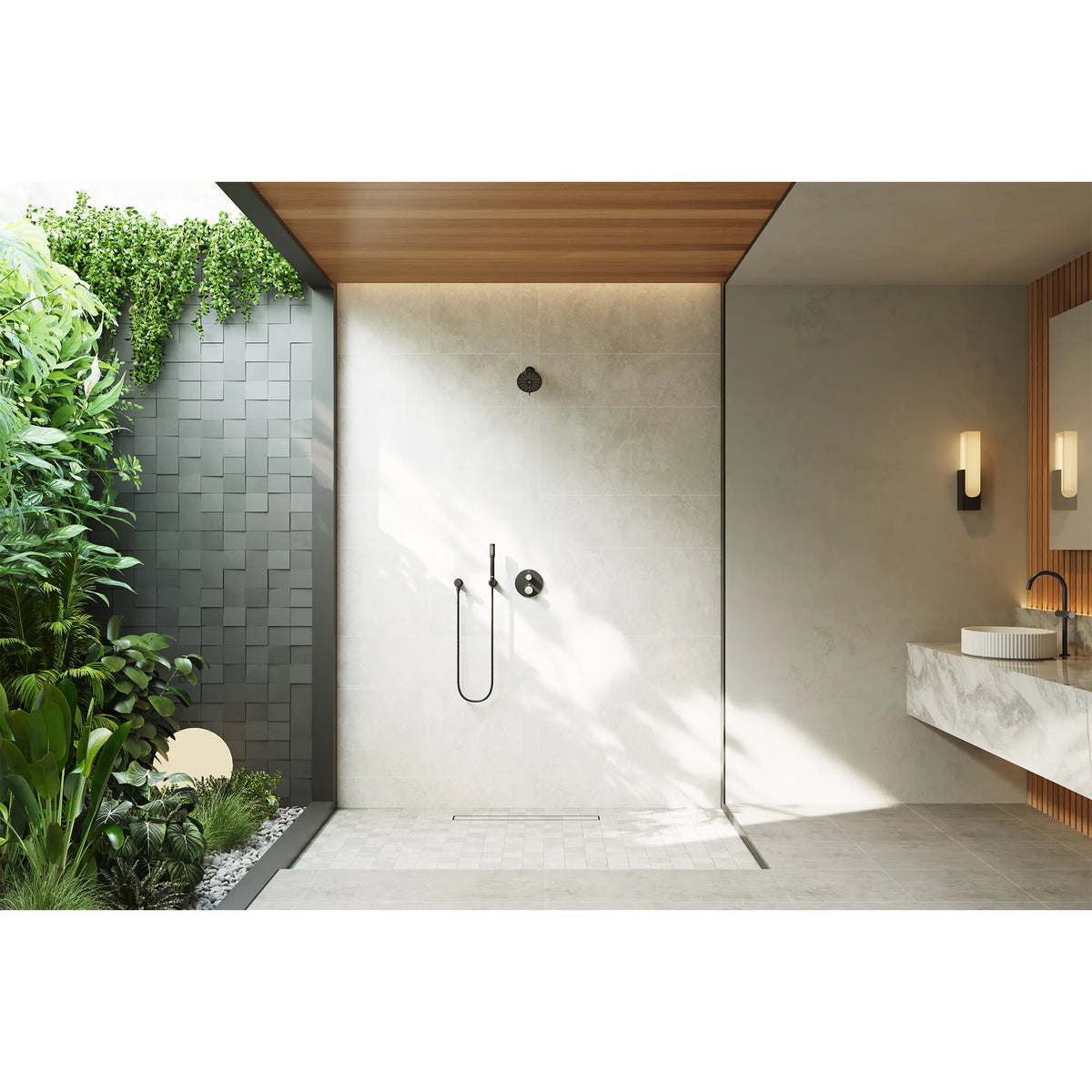 Pomme de douche à jets multiples Rainshower Aqua 140 de 13,97 cm (5½ po) avec AquaBooster 6,6 L/min (1,75 gal/min) // NOIR MAT // 289356_Env.D-Atrio_PC_EnviromentFull_1053422430_0001_MAY2026_1_CDNwebp.webp