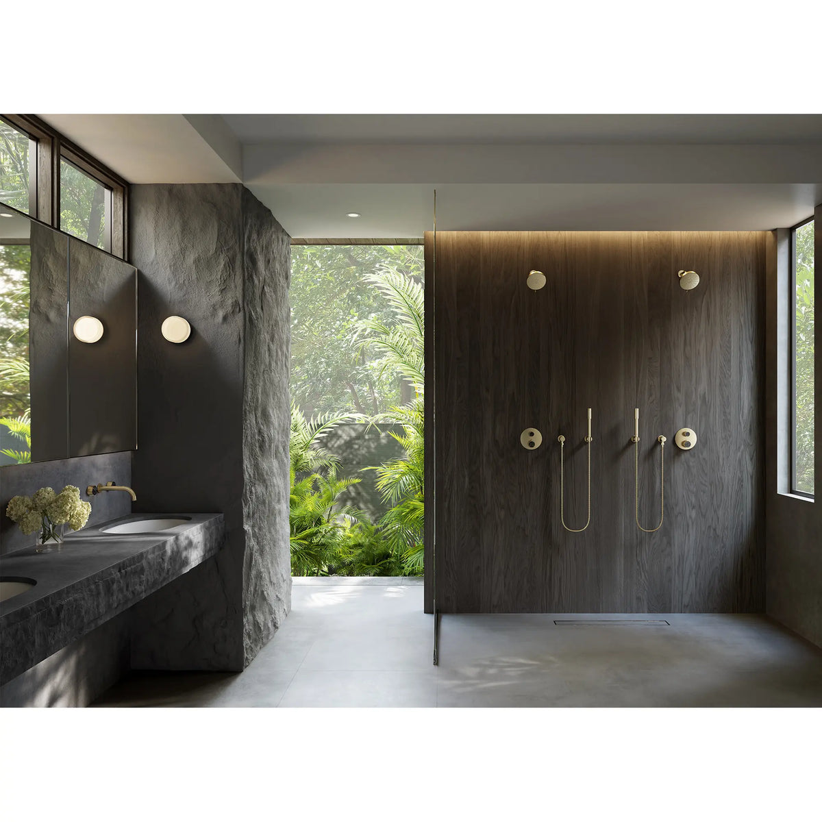 Pomme de douche à jets multiples Rainshower Aqua 140 de 13,97 cm (5½ po) avec AquaBooster 6,6 L/min (1,75 gal/min) // NICKEL BROSSÉ INFINITYFINISH // 289357_Env.C-Atrio_PC_EnviromentFull_105364EN00_0001_MAY2026_1_CDNwebp.webp