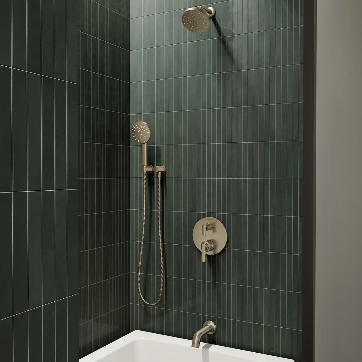 Pomme de douche ronde Euphoria 140 à un seul jet avec Aquabooster, 6,6 L/min (1,75 gal/min) // NICKEL BROSSÉ INFINITYFINISH // 289780_Aqua_Booster_EnvironmentCloseUp_111716EN00_106235EN00_106217EN00_0001_JANUARY2026_2_CDNwebp.webp