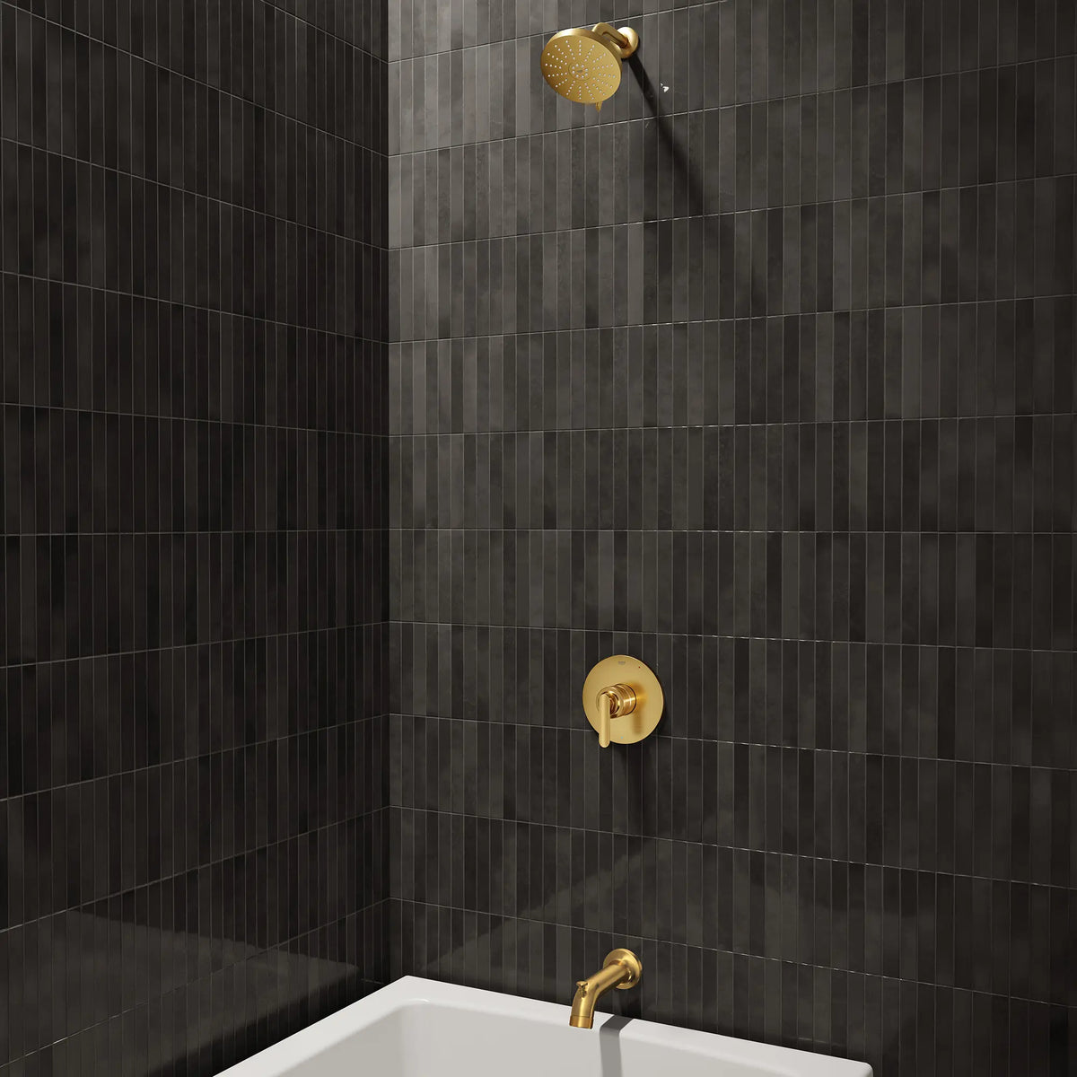 Bec de baignoire Listra avec inverseur // AUBE FRAÎCHE BROSSÉ // 289814_Aqua_Booster_EnvironmentCloseUp_106176GN00_106206GN00_0001_JANUARY2026_1_CDNwebp.webp