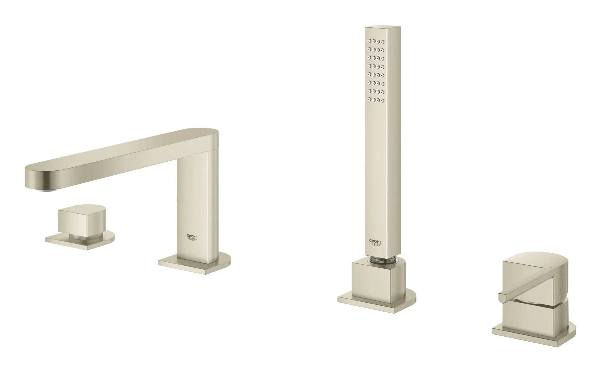 Plus Robinet de baignoire romaine, 4 trous, à poignée simple, à montage sur tablier avec douchette 6,6 L/min (1,75 gpm) // NICKEL BROSSÉ INFINITYFINISH // 52482_29307EN3_1_0_CDNwebp.webp