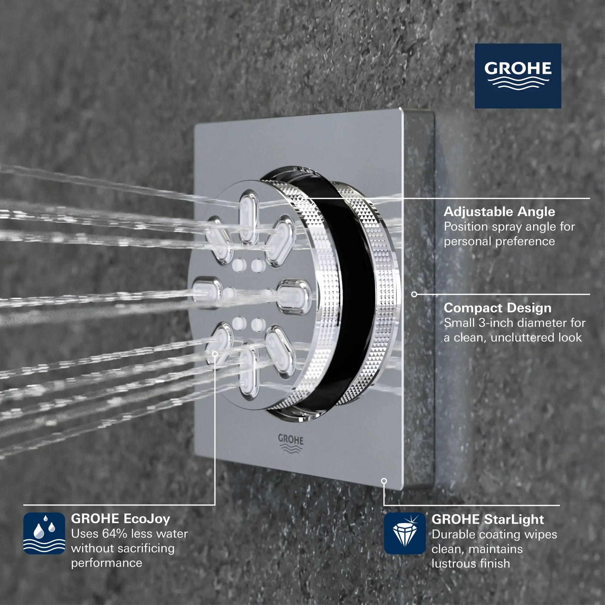 Douchette latérale - 2 jets, 0,9 gpm // CHROME STARLIGHT GROHE // 68444_GROHE_Rainshower_Aqua_Body_Sprays_Square_26745_0_Infographics_1_0_CDNwebp.webp