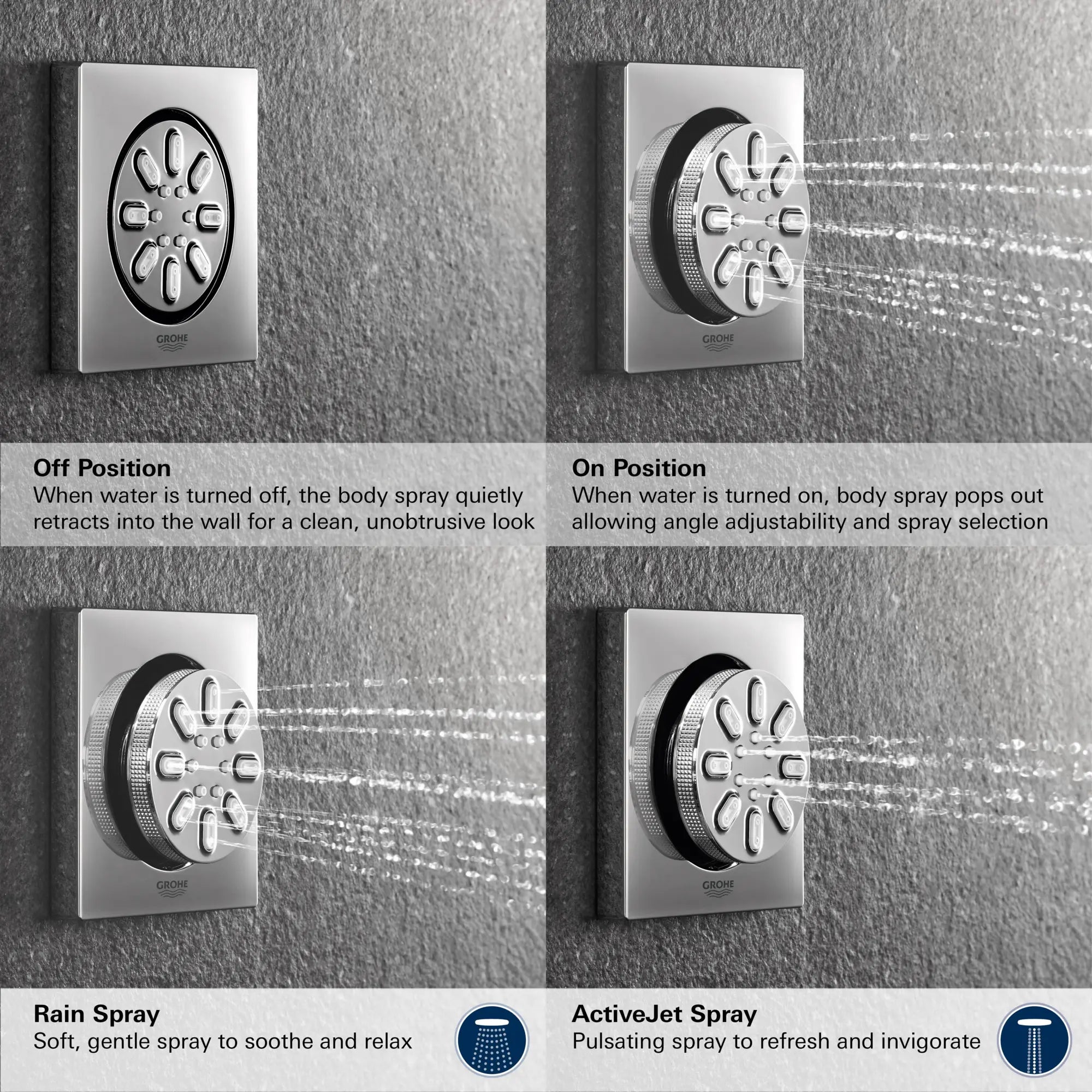 Douchette latérale - 2 jets, 0,9 gpm // CHROME STARLIGHT GROHE // 68445_GROHE_Rainshower_Aqua_Body_Sprays_Square_26745_0_Infographics_3_0_CDNwebp.webp