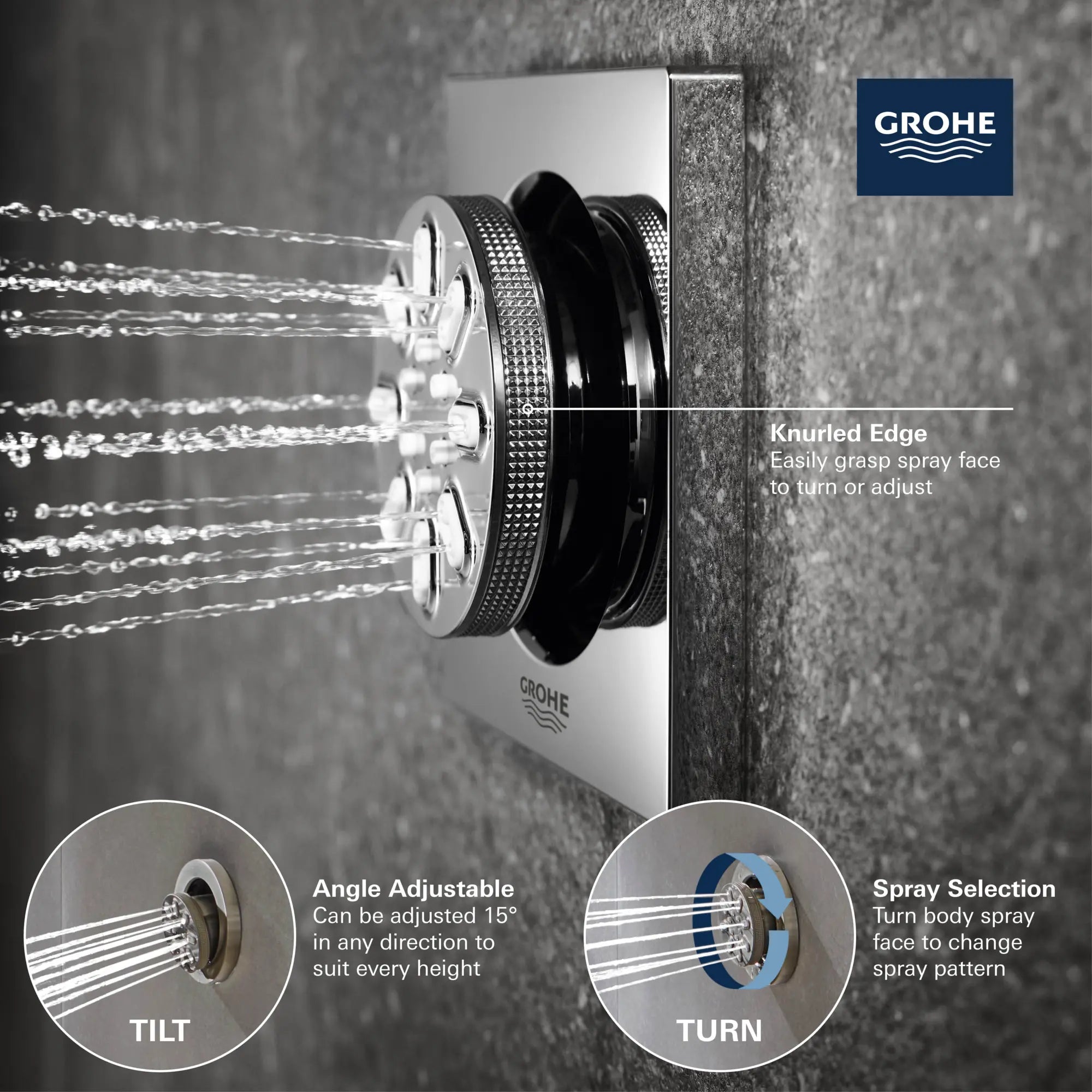Douchette latérale - 2 jets, 0,9 gpm // CHROME STARLIGHT GROHE // 68450_GROHE_Rainshower_Aqua_Body_Sprays_Square_26745_0_Infographics_4_0_CDNwebp.webp