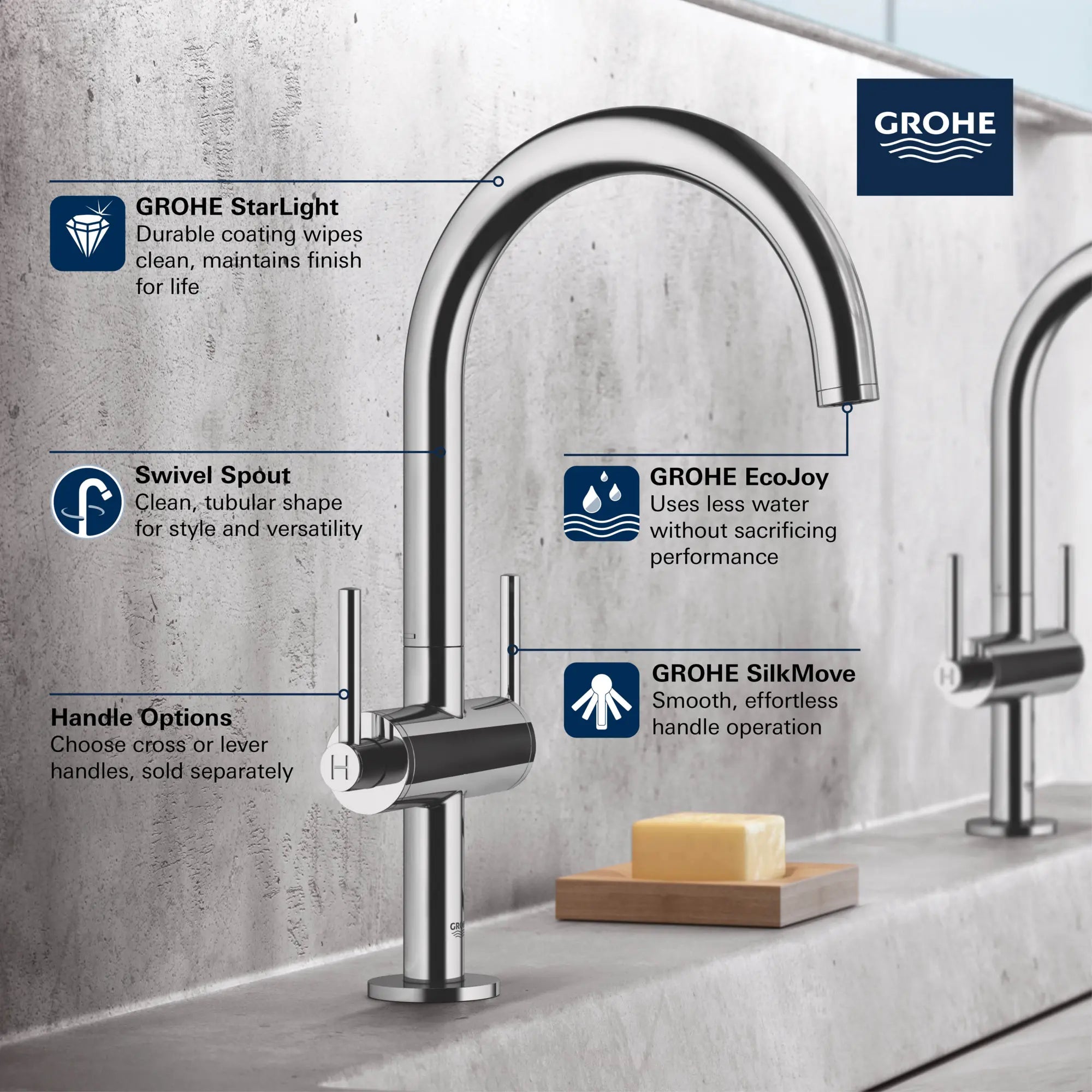 Robinet monotrou à bec haut // CHROME STARLIGHT GROHE // 68455_GROHE_Atrio_Bath_2-Handle_Faucet_21027_3_Infographics_1_0_CDNwebp.webp