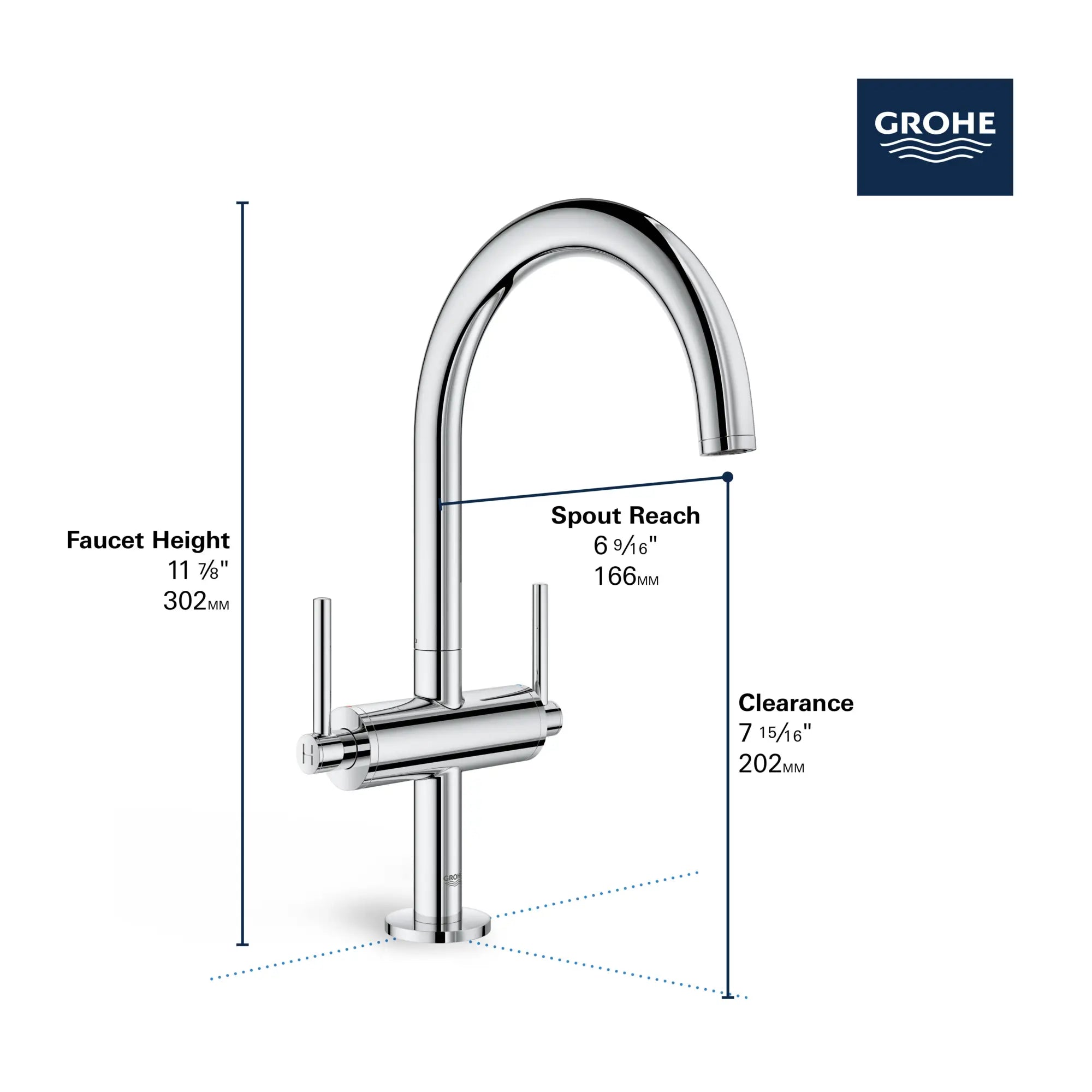 Robinet monotrou à bec haut // CHROME STARLIGHT GROHE // 68456_GROHE_Atrio_Bath_2-Handle_Faucet_21027_3_Infographics_2_0_CDNwebp.webp