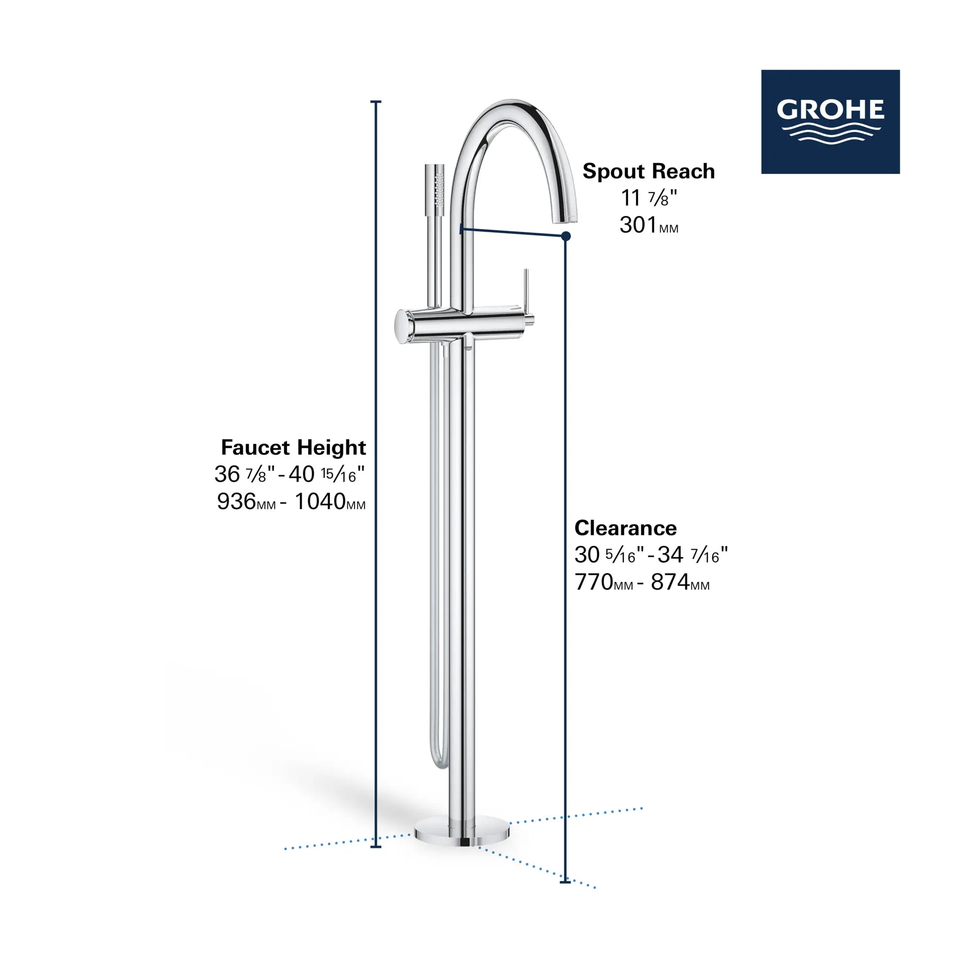 Robinet de baignoire à montage au sol avec douchette // CHROME STARLIGHT GROHE // 68473_GROHE_Atrio_Bath_FST_Tub_Filler_32653_3_Infographics_2_0_CDNwebp.webp