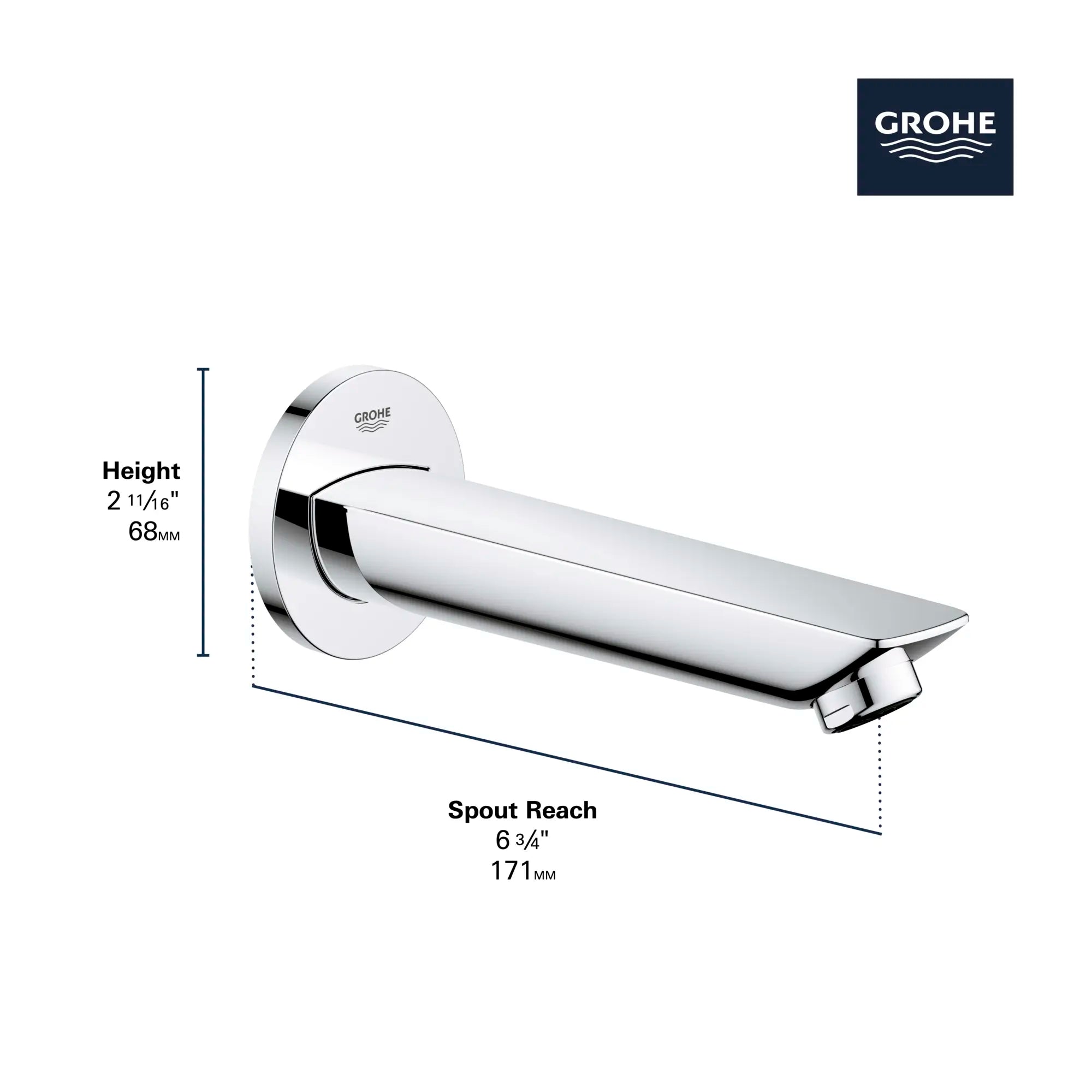 Bec de baignoire de 6 ¾ po // CHROME STARLIGHT GROHE // 68511_GROHE_BauLoop_Bath_Faucet_13286001_Infographics_1_0_CDNwebp.webp