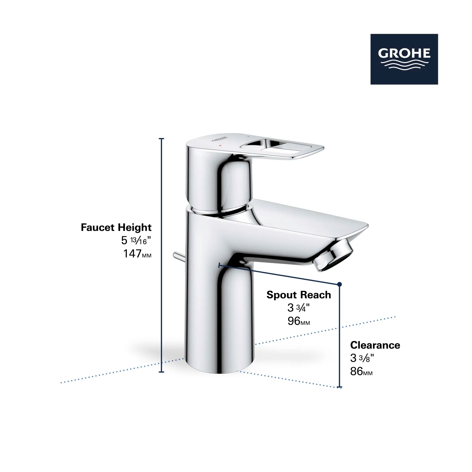 ROBINET DE SALLE DE BAINS MONOTROU À POIGNÉE UNIQUE DE PETITE TAILLE 1,2 GPM (4,56 L/MIN) SANS RENVOI // CHROME STARLIGHT GROHE // 68522_GROHE_BauLoop_Bath_Faucet_23084001_23085001_Infographics_2_0_CDNwebp.webp