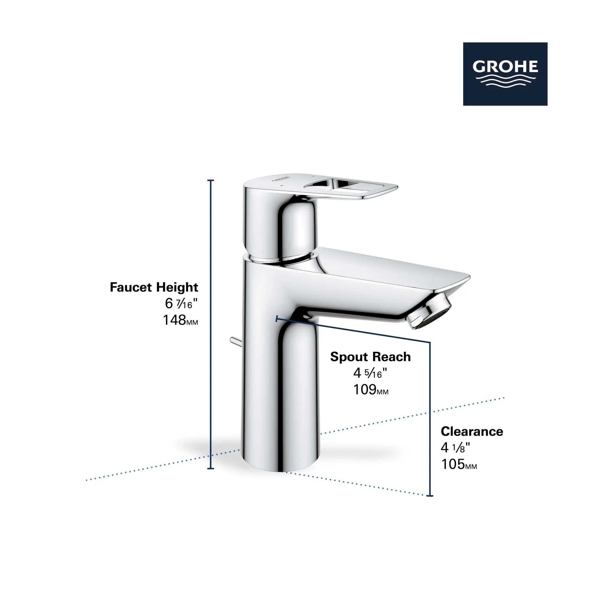 ROBINET DE SALLE DE BAINS MONOTROU À POIGNÉE UNIQUE DE TAILLE MOYENNE 1,2 GPM (4,56 L/MIN) // CHROME STARLIGHT GROHE // 68523_GROHE_BauLoop_Bath_Faucet_23963001_Infographics_2_0_CDNwebp.webp