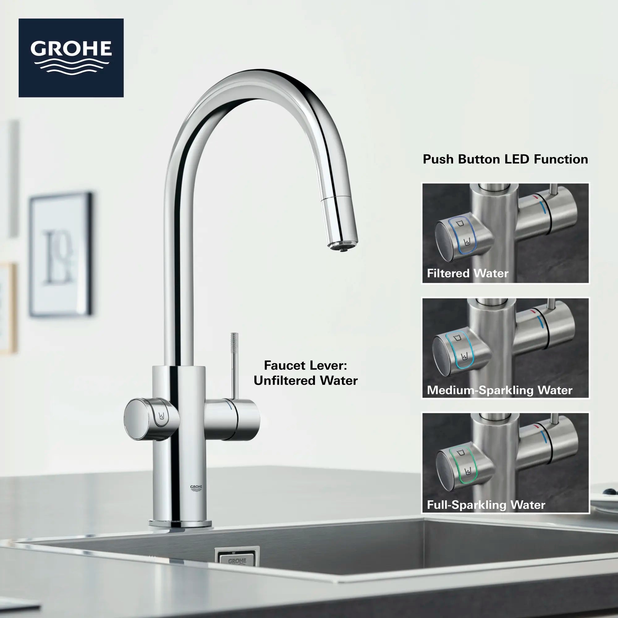 Robinet de cuisine monocommande, tête de pulvérisation coulissante avec eau réfrigérée et pétillante 6,6 L/min (1,75 gpm) // CHROME STARLIGHT GROHE // 68526_GROHE_Infographics_Blue_C-spout_31251_F3_0_CDNwebp.webp
