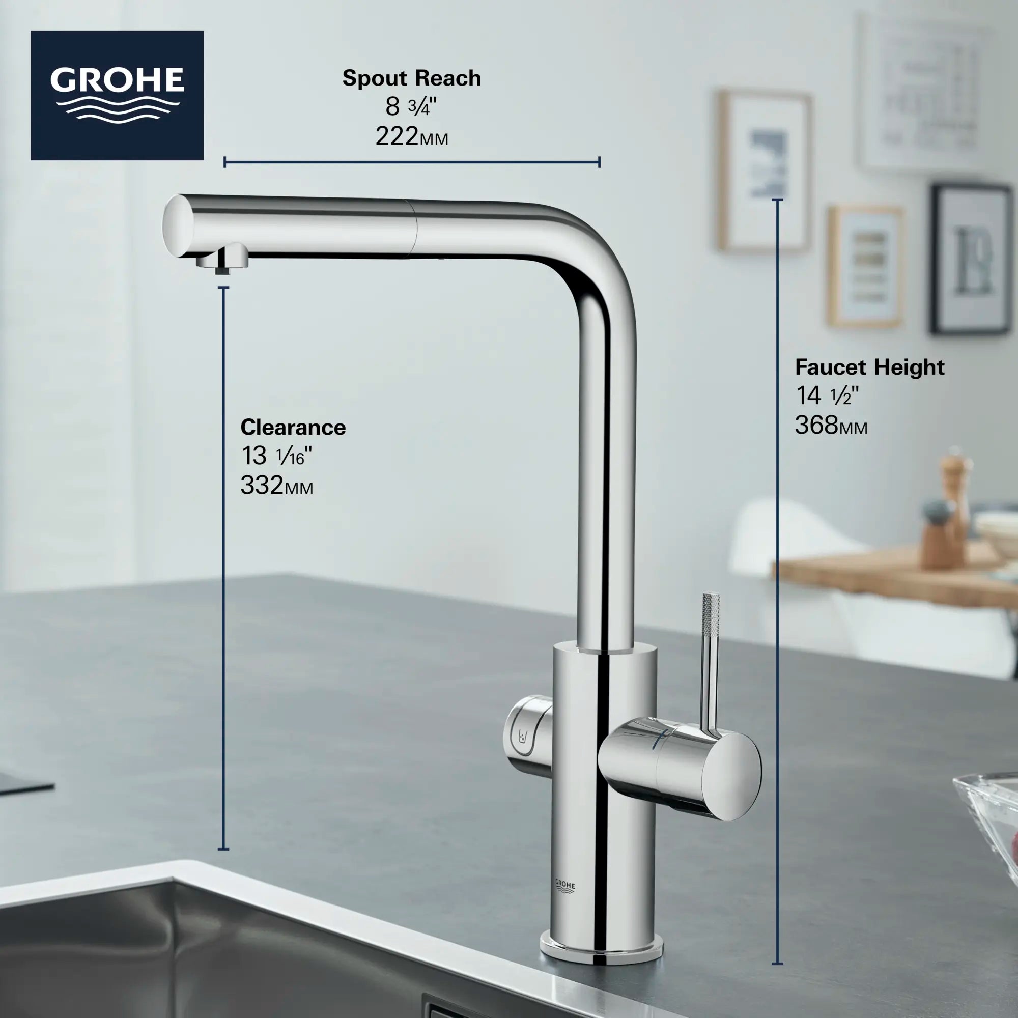 Robinet de cuisine monocommande, tête de pulvérisation rétractable avec eau réfrigérée et pétillante 6,6 L/min (1,75 gpm) // CHROME STARLIGHT GROHE // 68530_GROHE_Infographics_Blue_L-spout_31608_F2_0_CDNwebp.webp