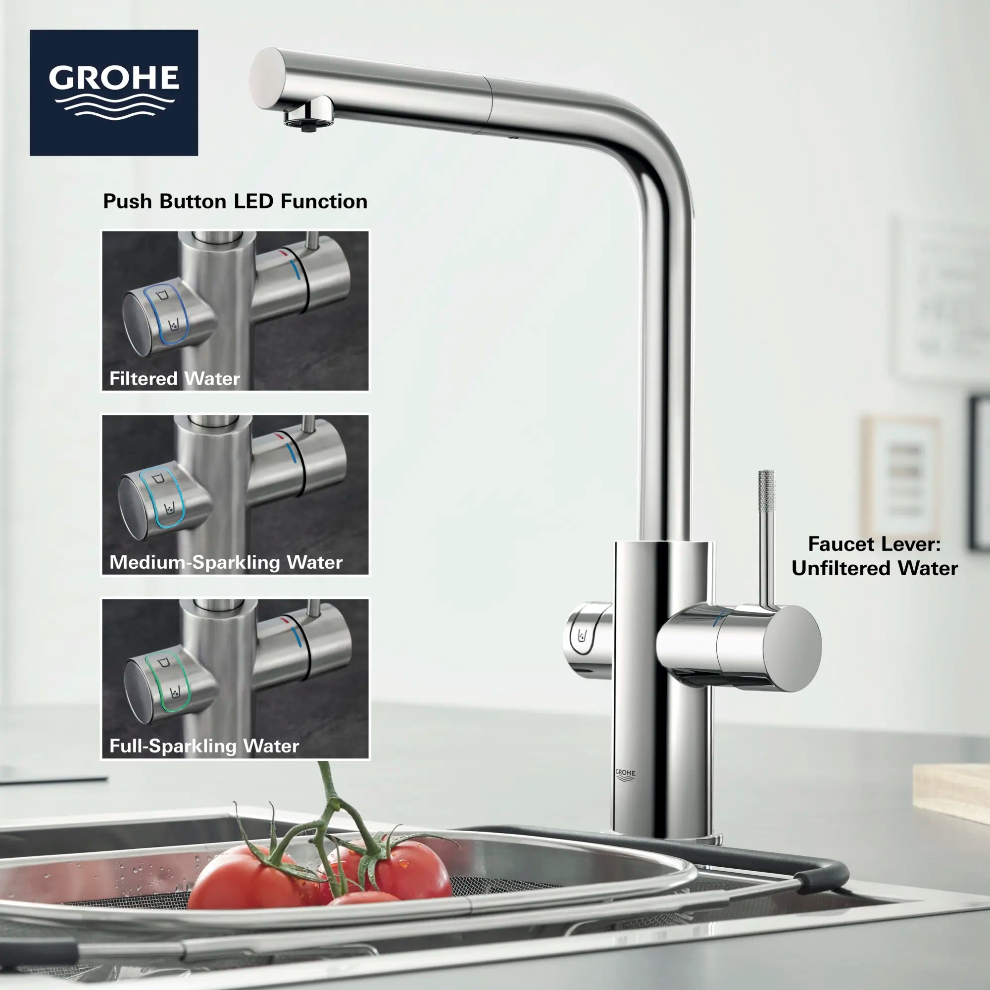 Robinet de cuisine monocommande, tête de pulvérisation rétractable avec eau réfrigérée et pétillante 6,6 L/min (1,75 gpm) // CHROME STARLIGHT GROHE // 68532_GROHE_Infographics_Blue_L-spout_31608_F3_0_CDNwebp.webp