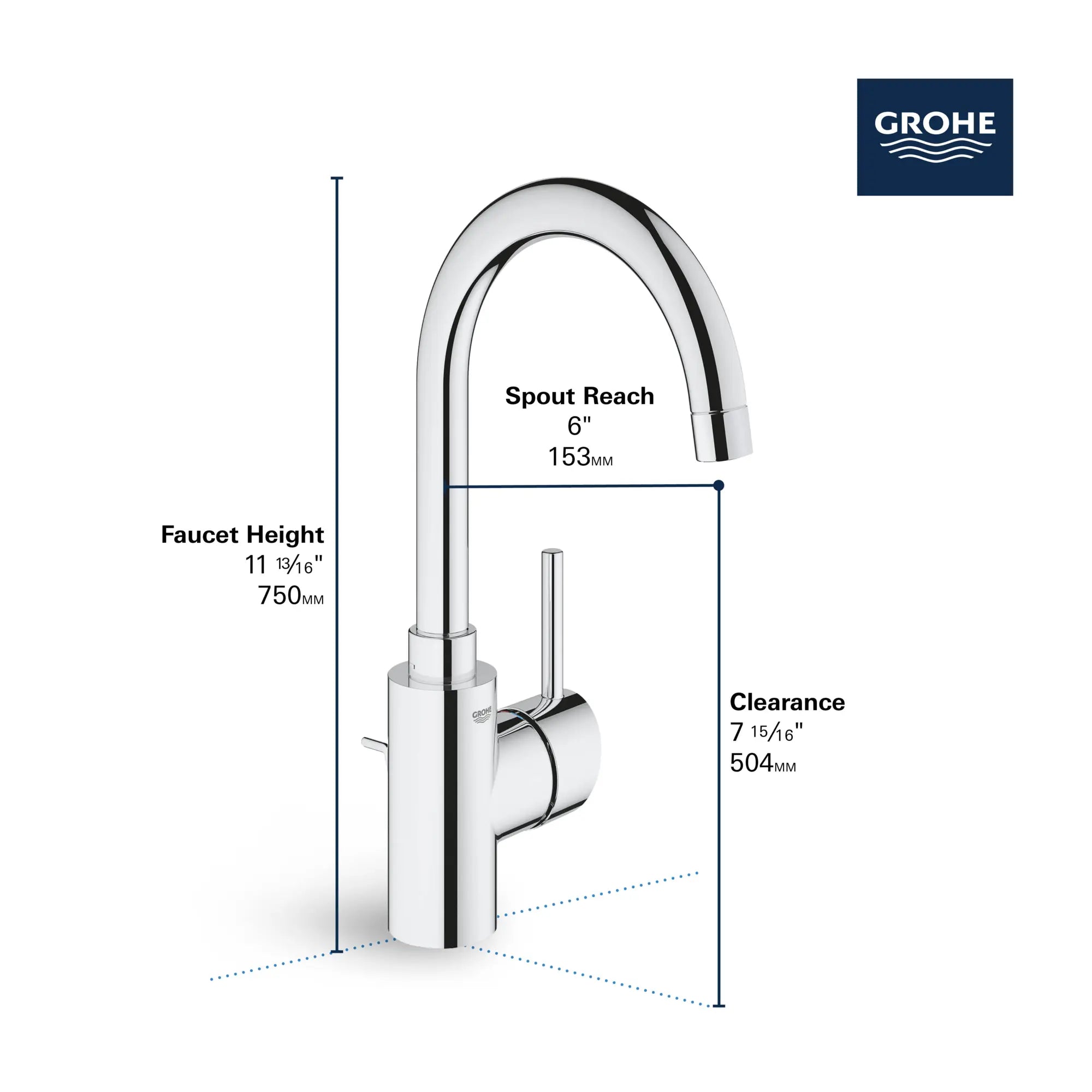 Grand robinet monotrou à poignée simple pour salle de bain 4,5 l/min (1,2 gpm) // CHROME STARLIGHT GROHE // 68539_GROHE_Concetto_Bath_1-Handle_L-Size_Faucet_32138_2_Infographics_2_0_CDNwebp.webp