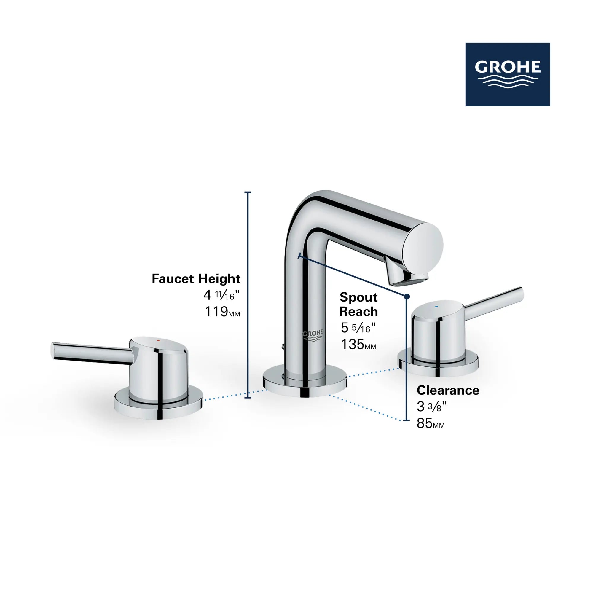 Robinet de salle de bain, 8 po, à deux poignées, taille P, 4,5 L/min (1,2 gpm) // CHROME STARLIGHT GROHE // 68552_GROHE_Concetto_Bath_2-Handle_S-Size_Faucet_20572_1_Infographics_2_0_CDNwebp.webp