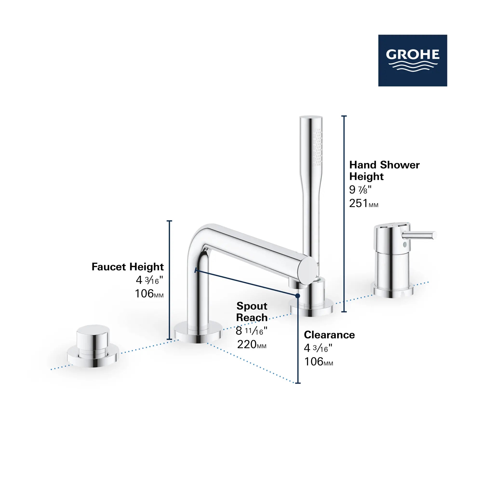 Robinet de baignoire romaine, 4 trous, à poignée simple, à montage sur tablier avec douchette 6,6 L/min (1,75 gpm) // CHROME STARLIGHT GROHE // 68561_GROHE_Concetto_Bath_Roman_Tub_Faucet_19576_2_Infographics_2_0_CDNwebp.webp