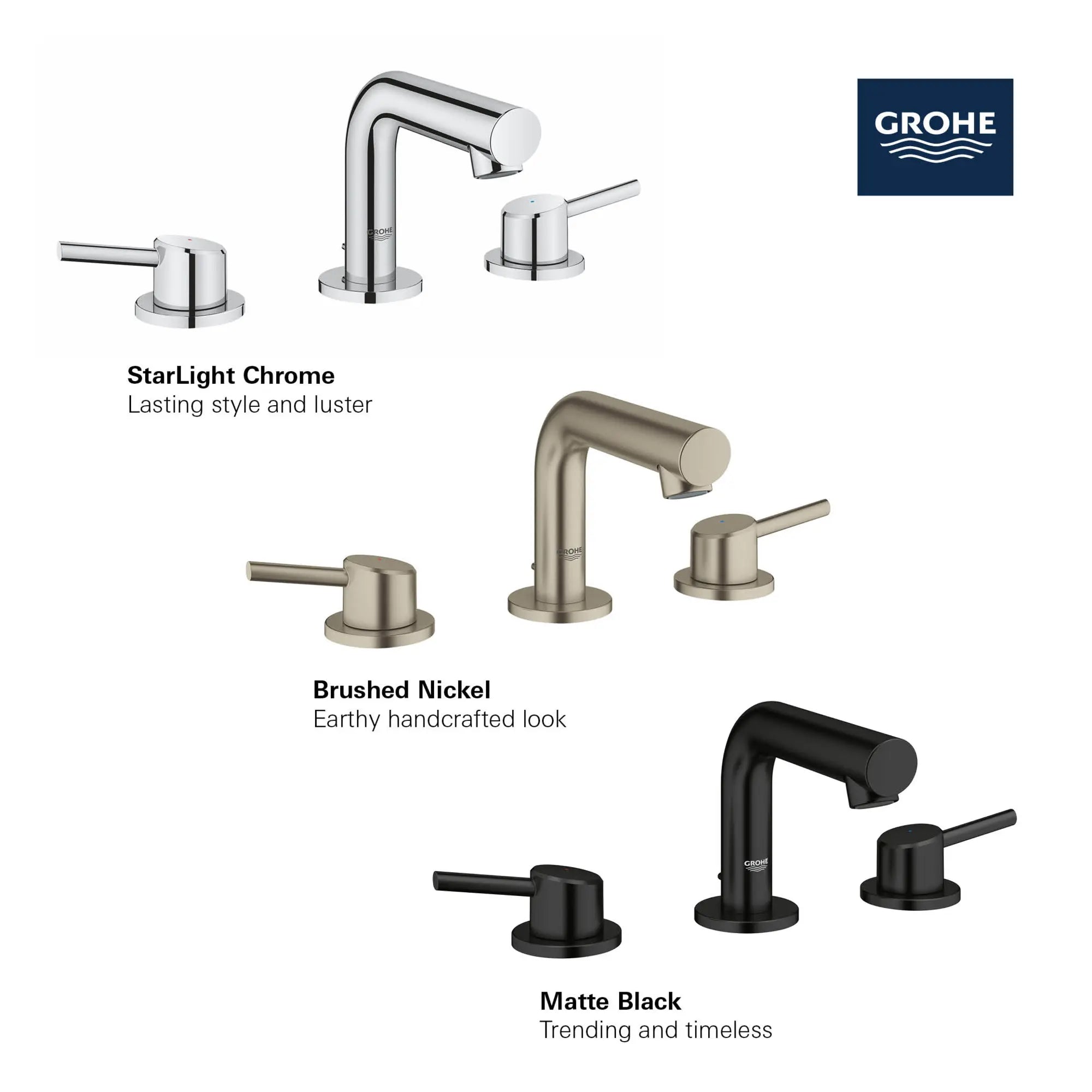 Robinet de salle de bain, 8 po, à deux poignées, taille P, 4,5 L/min (1,2 gpm) // CHROME STARLIGHT GROHE // 68577_GROHE_Matte_Black_Launch_FINISH_20572_1_CONCETTO_Widespread_S_size_Bath_Faucet_Info_1_0_CDNwebp.webp