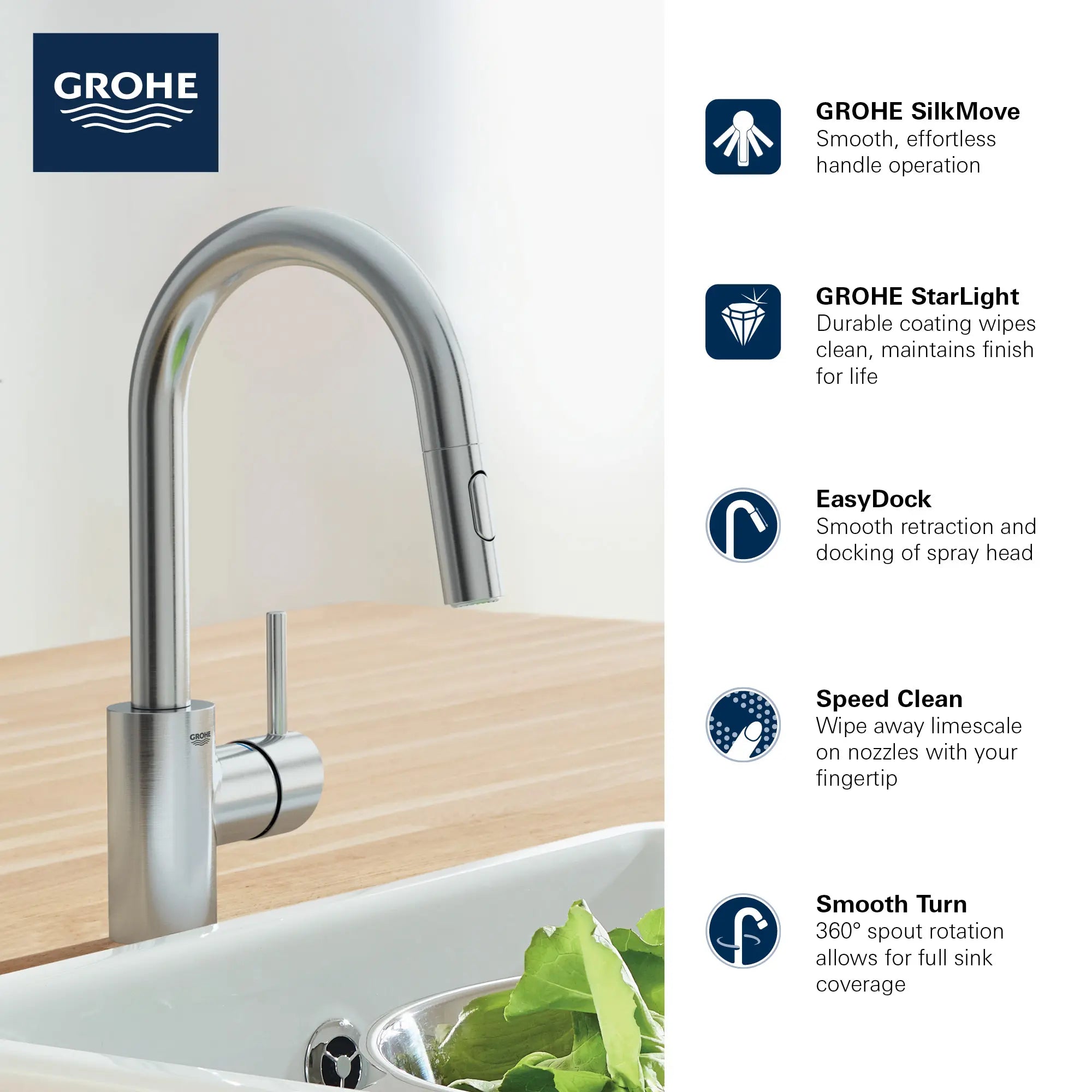 Robinet de cuisine rétractable à poignée simple et double jet 6,6 L/min (1,75 gpm) // CHROME STARLIGHT GROHE // 68582_2020_GROHE_Concetto_Kitchen_Faucet_32665_Info_1_0_CDNwebp.webp