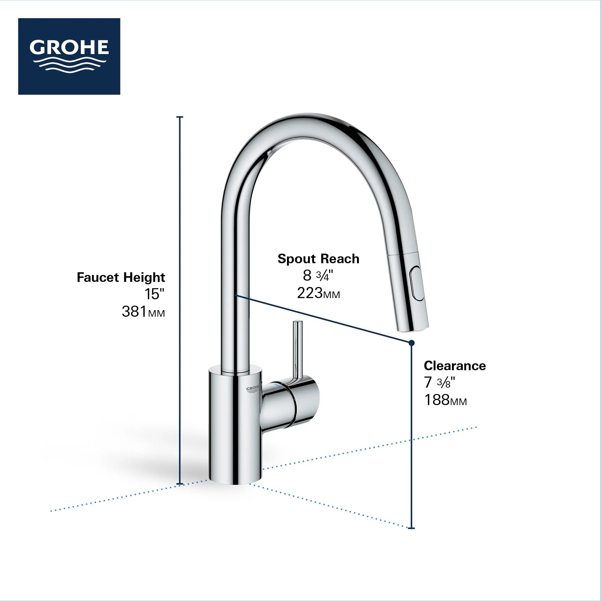 Robinet de cuisine rétractable à poignée simple et double jet 6,6 L/min (1,75 gpm) // CHROME STARLIGHT GROHE // 68584_2020_GROHE_Concetto_Kitchen_Faucet_32665_Info_2_0_CDNwebp.webp