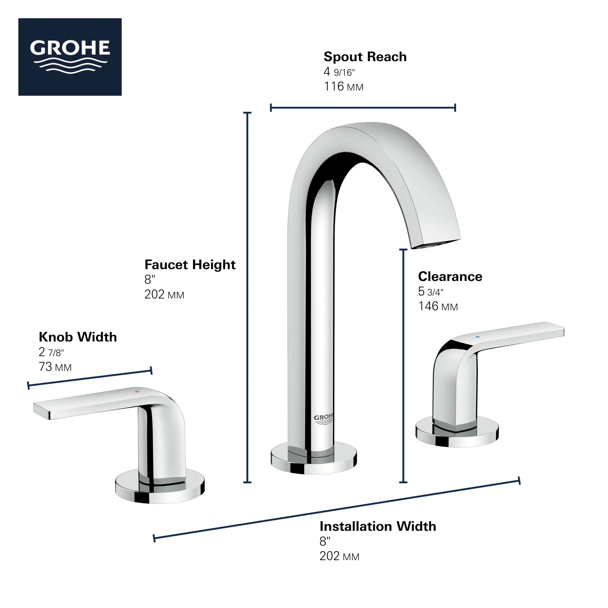 Robinet moyen pour salle de bain, 8 po, 2 poignées, 4,5 l/min (1,2 gpm) // CHROME STARLIGHT GROHE // 68600_GROHE_Info_Defined_20597000_2Handle_F_0_CDNwebp.webp