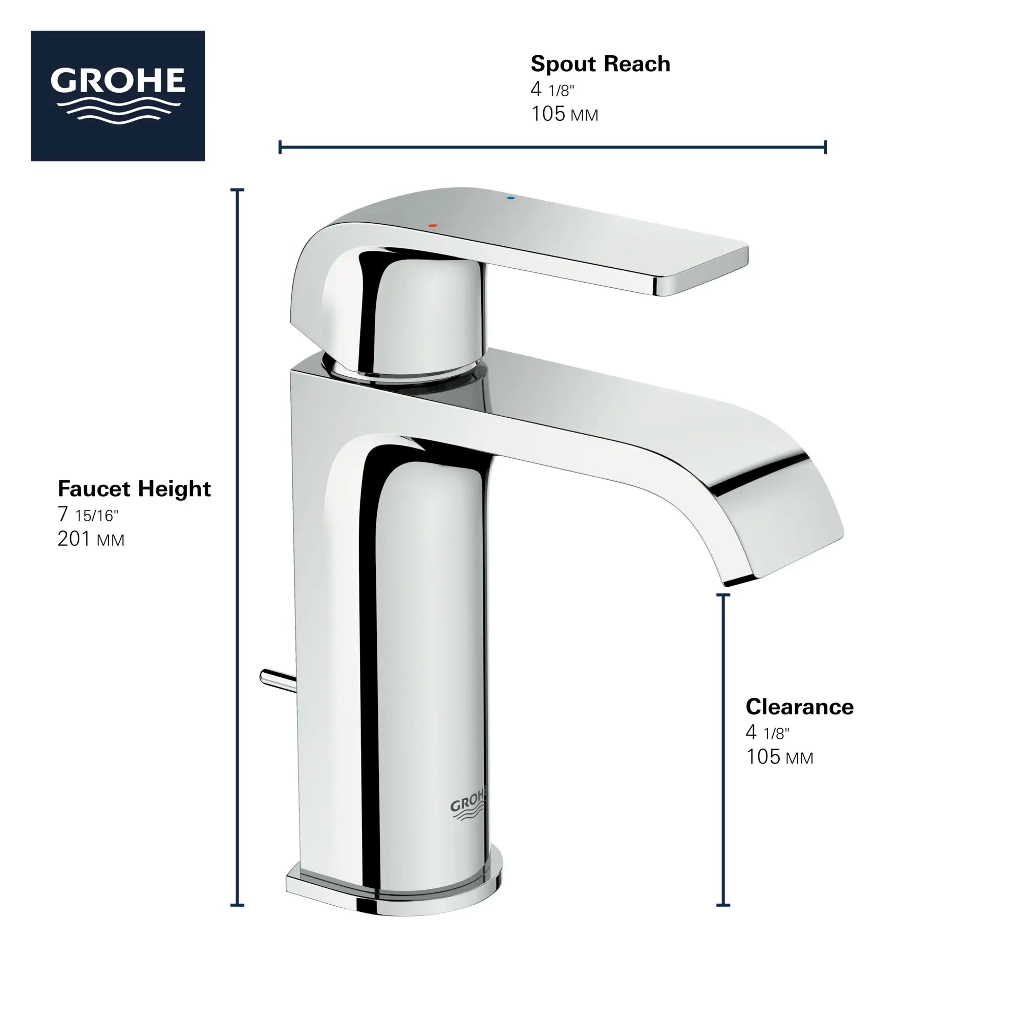Petit robinet monotrou pour salle de bain, à poignée simple, 4,5 L/min (1,2 gpm) // CHROME STARLIGHT GROHE // 68601_GROHE_Info_Defined_23868000_OHM_L-size_F_0_CDNwebp.webp