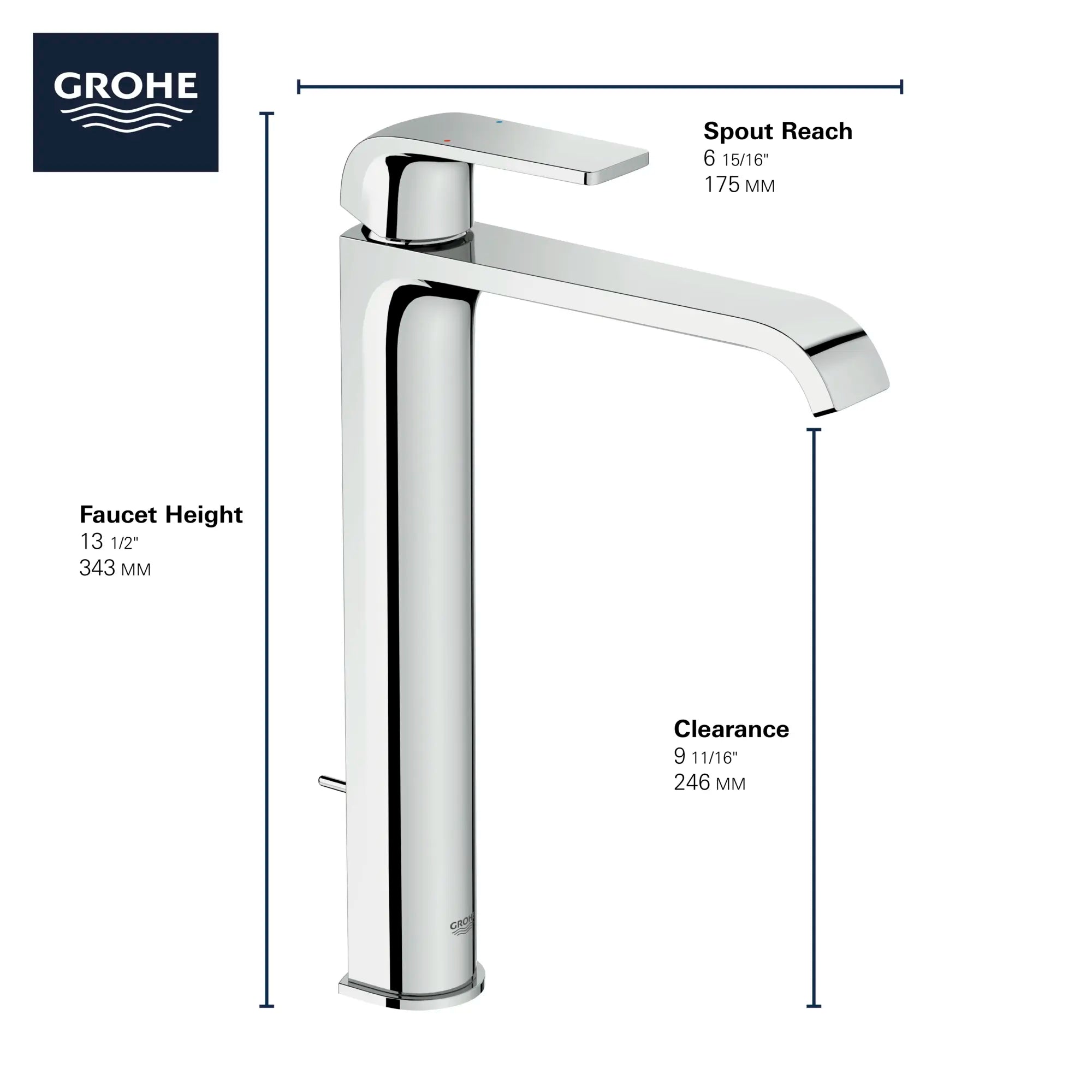 Robinet monotrou pour vasque, à poignée simple monté sur le tablier, 4,5 L/min (1,2 gpm) // CHROME STARLIGHT GROHE // 68606_GROHE_Info_Defined_23869000_OHMVessel_XL-size_F_0_CDNwebp.webp