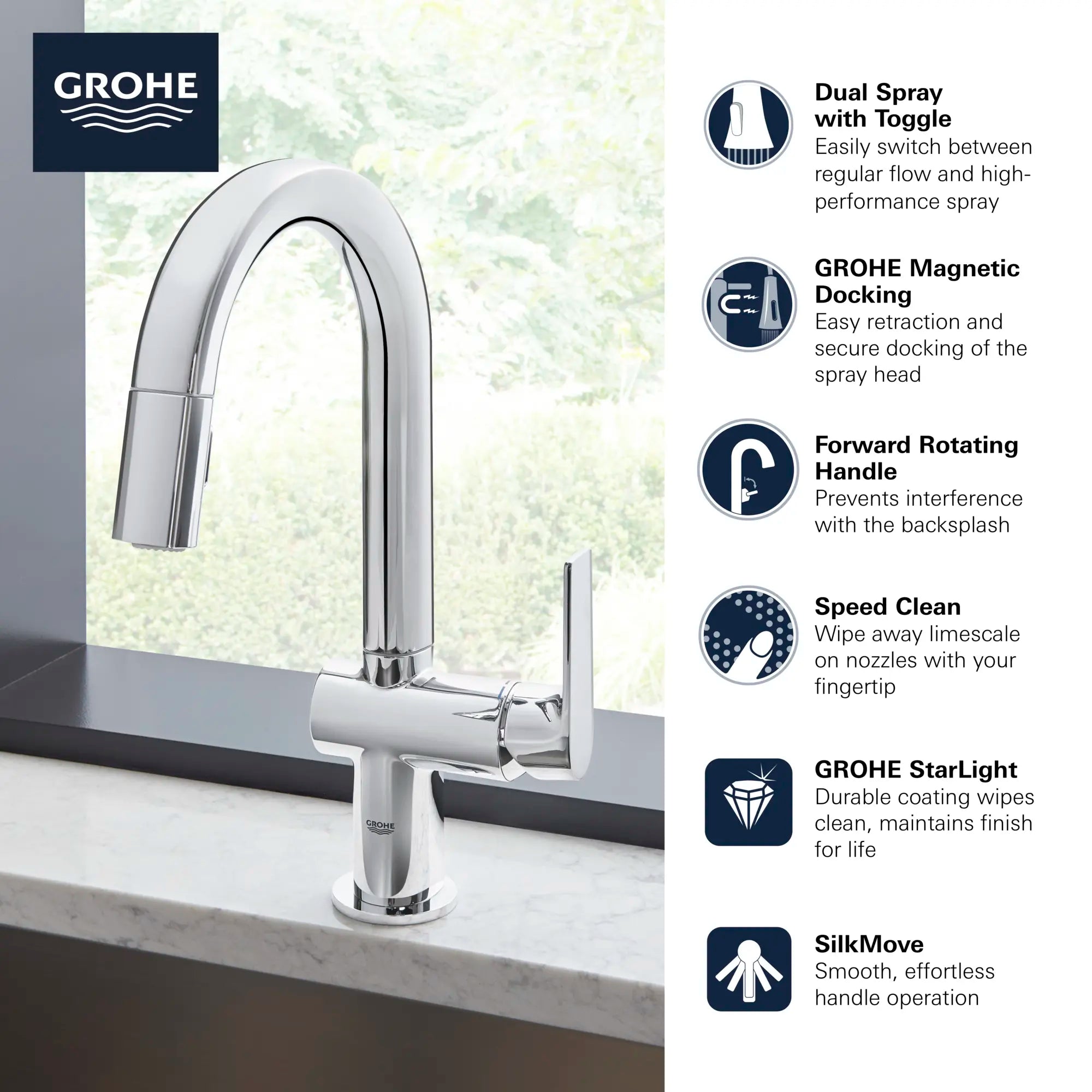Robinet de bar rétractable à double jet 6,6 L/min (1,75 gpm) // CHROME STARLIGHT GROHE // 68614_GROHE_Info_Defined_Kitchen_30378_F1_0_CDNwebp.webp