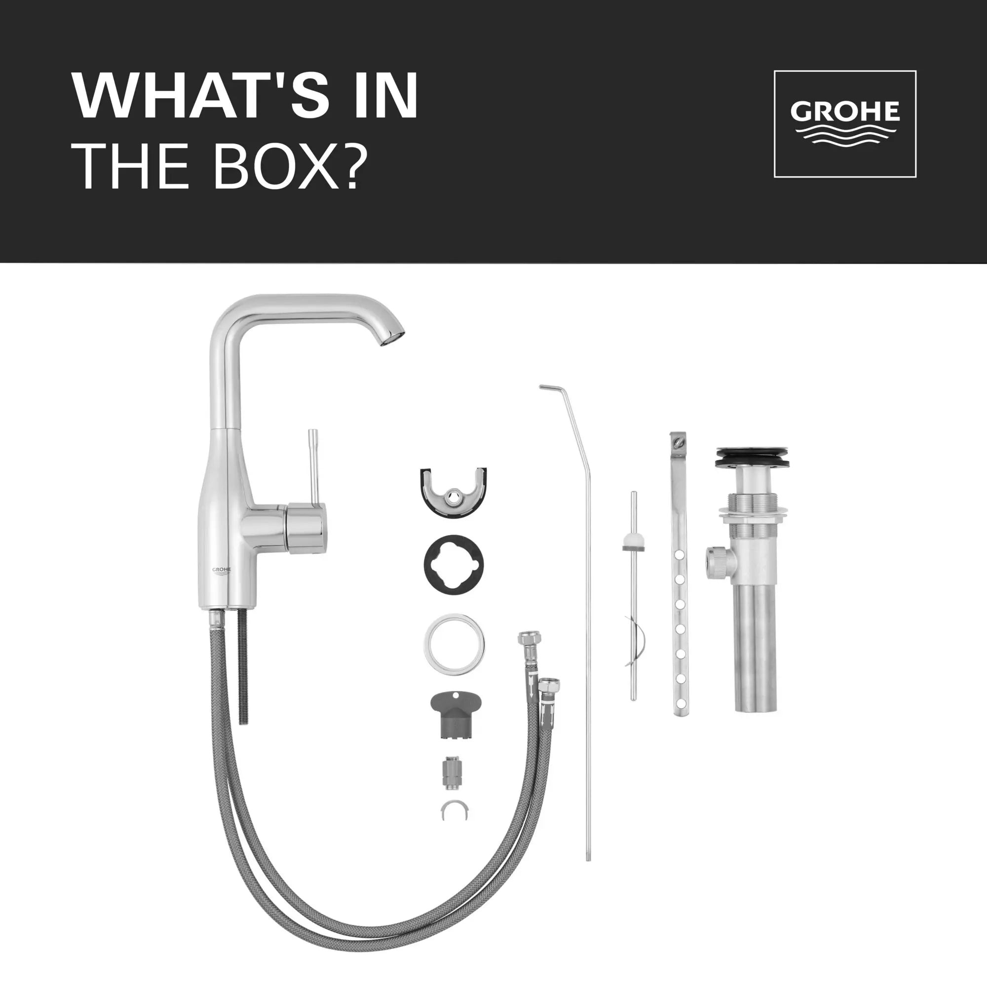 Robinet monotrou pour salle de bain, à poignée simple, taille G, 4,5 L/min (1,2 gpm) // CHROME STARLIGHT GROHE // 68620_2021_GROHE_Essence_WhatsintheBox_23486_A_Infographics_1_CDNwebp.webp