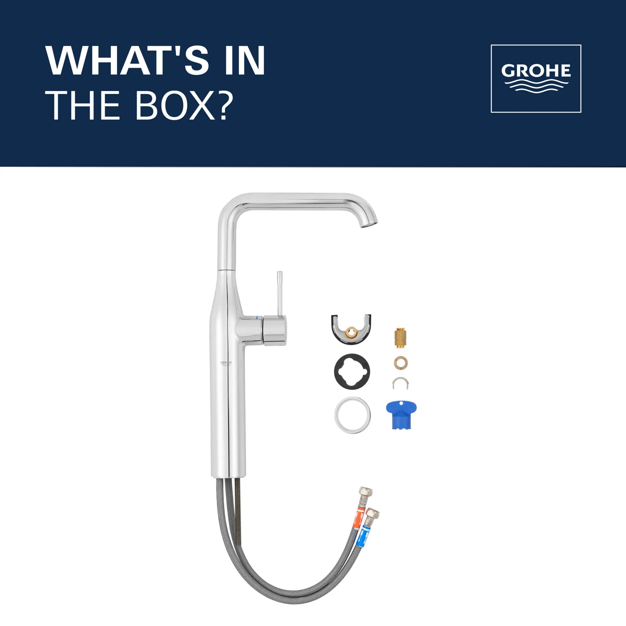 Robinet monotrou pour vasque, à poignée simple, 4,5 L/min (1,2 gpm) // CHROME STARLIGHT GROHE // 68622_2021_GROHE_Essence_WhatsintheBox_23538_A_Infographics_1_0_CDNwebp.webp