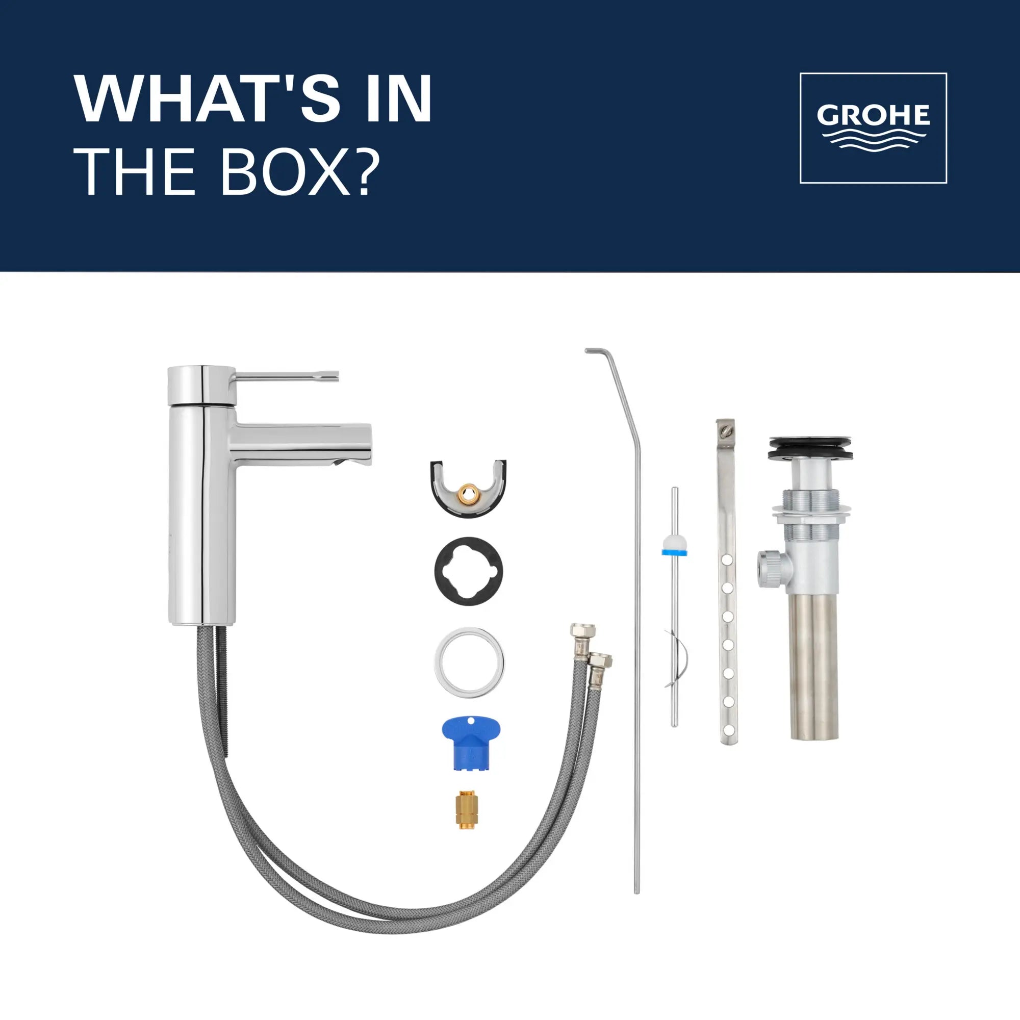 Robinet monotrou pour salle de bain, à poignée simple, taille P, 4,5 L/min (1,2 gpm) // CHROME STARLIGHT GROHE // 68624_2021_GROHE_Essence_WhatsintheBox_32216_A_Infographics_1_0_CDNwebp.webp