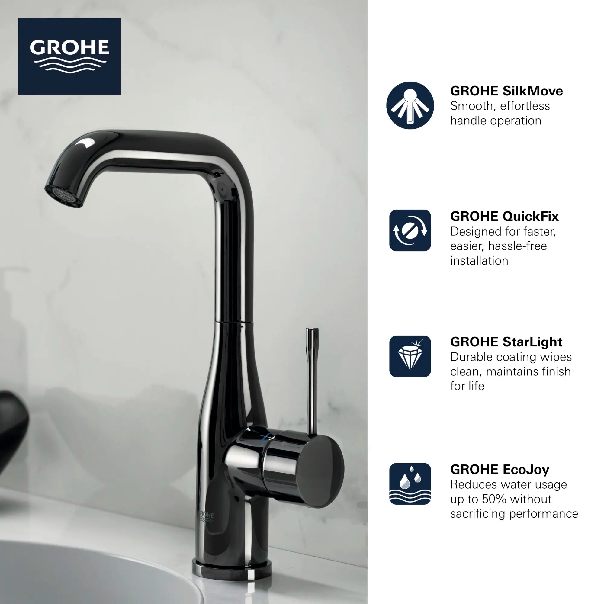 Robinet monotrou pour salle de bain, à poignée simple, taille G, 4,5 L/min (1,2 gpm) // CHROME STARLIGHT GROHE // 68636_GROHE_Infographics_Essence_Bath_OHM_L-Size_23486_F1_0_CDNwebp.webp