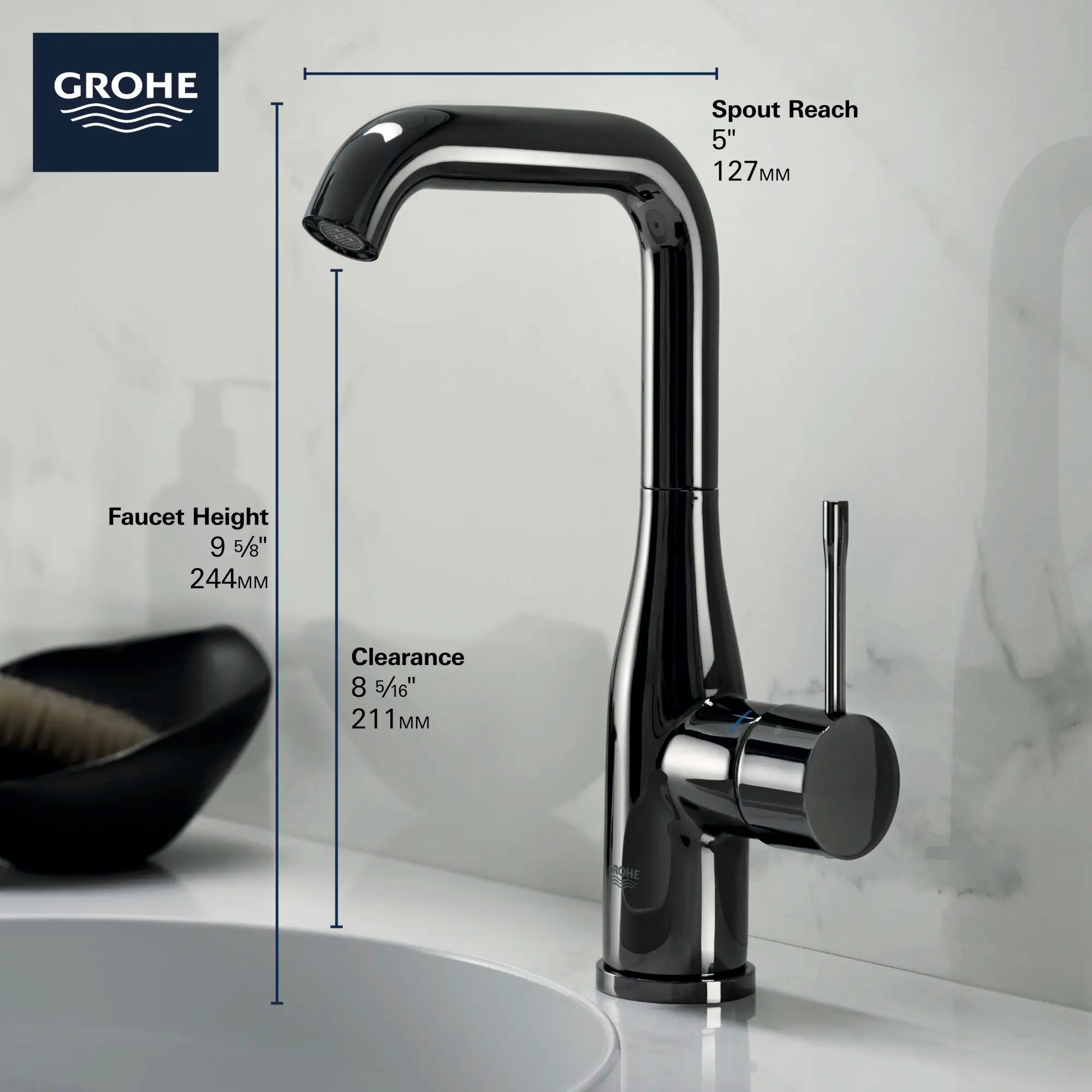 Robinet monotrou pour salle de bain, à poignée simple, taille G, 4,5 L/min (1,2 gpm) // CHROME STARLIGHT GROHE // 68640_GROHE_Infographics_Essence_Bath_OHM_L-Size_23486_F2_0_CDNwebp.webp