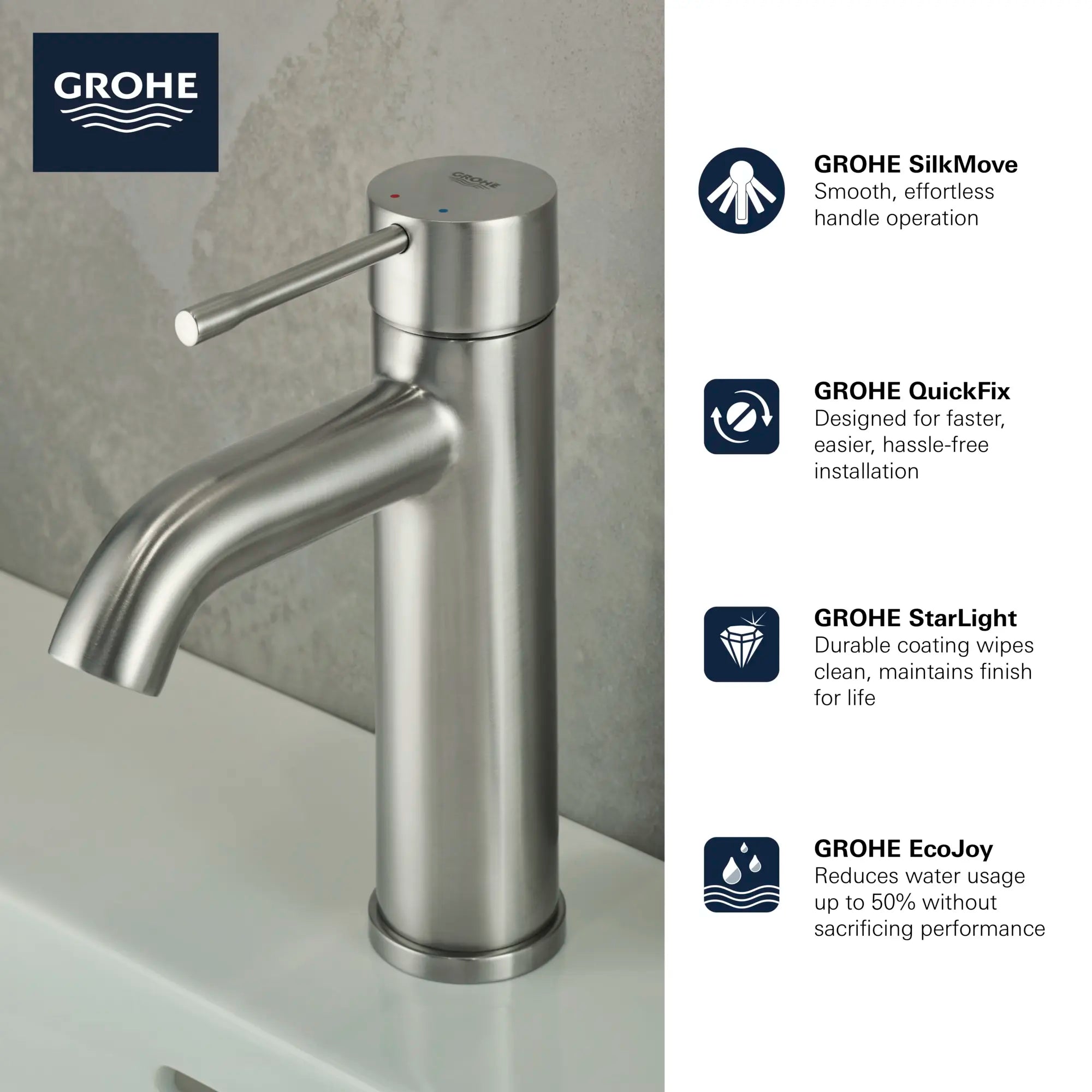 Robinet monotrou pour salle de bain, à poignée simple, taille P, 4,5 L/min (1,2 gpm) // CHROME STARLIGHT GROHE // 68643_GROHE_Infographics_Essence_Bath_OHM_S-Size_23592_F1_0_CDNwebp.webp