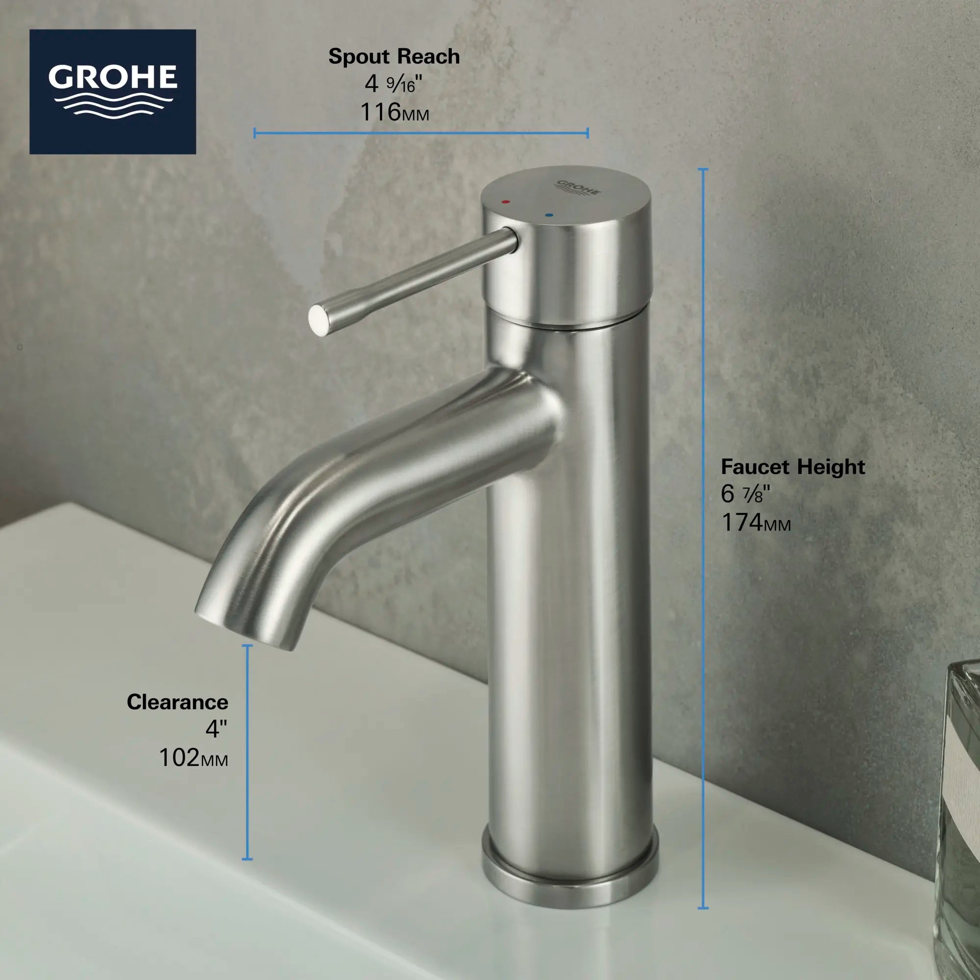 Robinet monotrou pour salle de bain, à poignée simple, taille P, 4,5 L/min (1,2 gpm) // CHROME STARLIGHT GROHE // 68645_GROHE_Infographics_Essence_Bath_OHM_S-Size_23592_F2_0_CDNwebp.webp