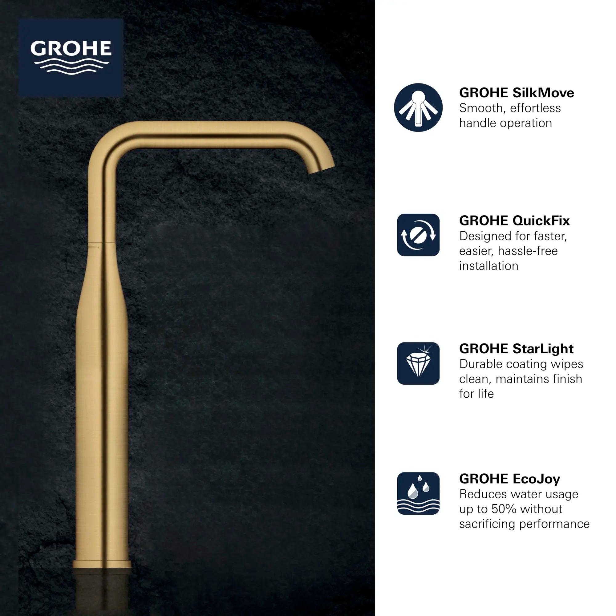 Robinet monotrou pour vasque, à poignée simple, 4,5 L/min (1,2 gpm) // CHROME STARLIGHT GROHE // 68652_GROHE_Infographics_Essence_Bath_OHM_XL-Size_23538_F1_0_CDNwebp.webp