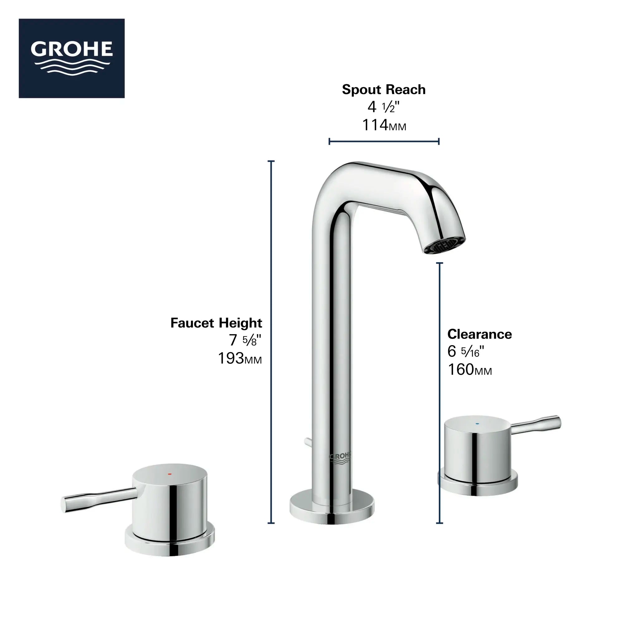 Robinet moyen pour salle de bain, 8 po, 2 poignées, 4,5 L/min (1,2 gpm) // CHROME STARLIGHT GROHE // 68655_GROHE_Infographics_Essence_Bath_Wideset_M-Size_20297_2_0_CDNwebp.webp